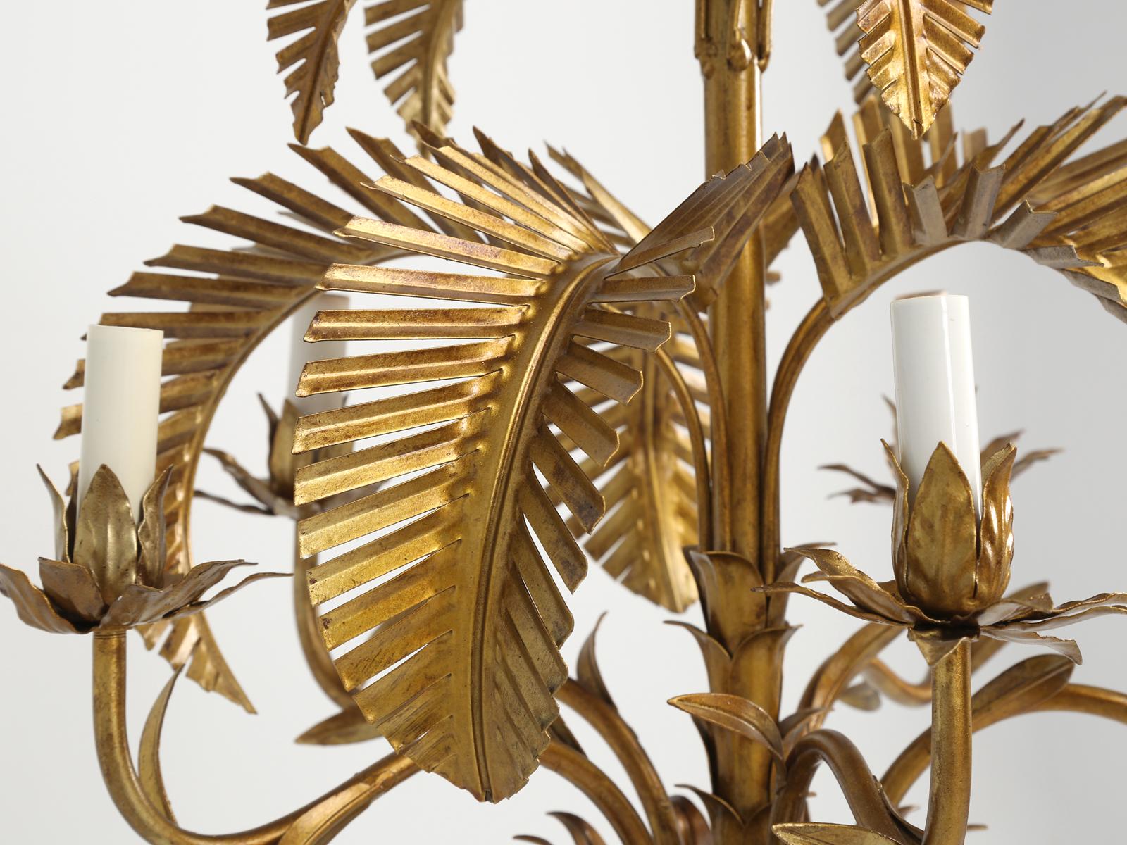 Vintage Palm Tree Frond Gilt Leaves Chandelier, Metal Tole 4