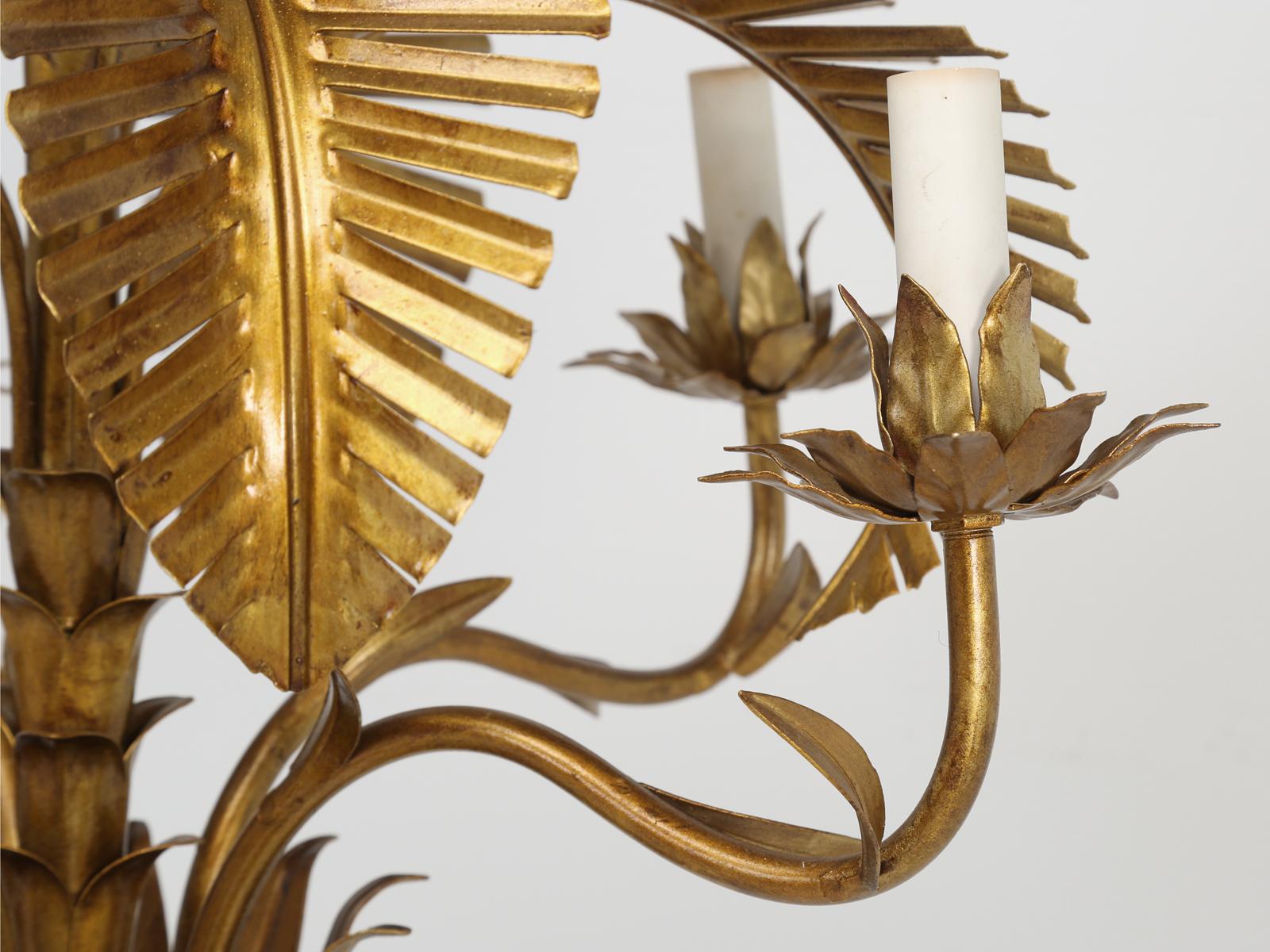 Vintage Palm Tree Frond Gilt Leaves Chandelier, Metal Tole 5