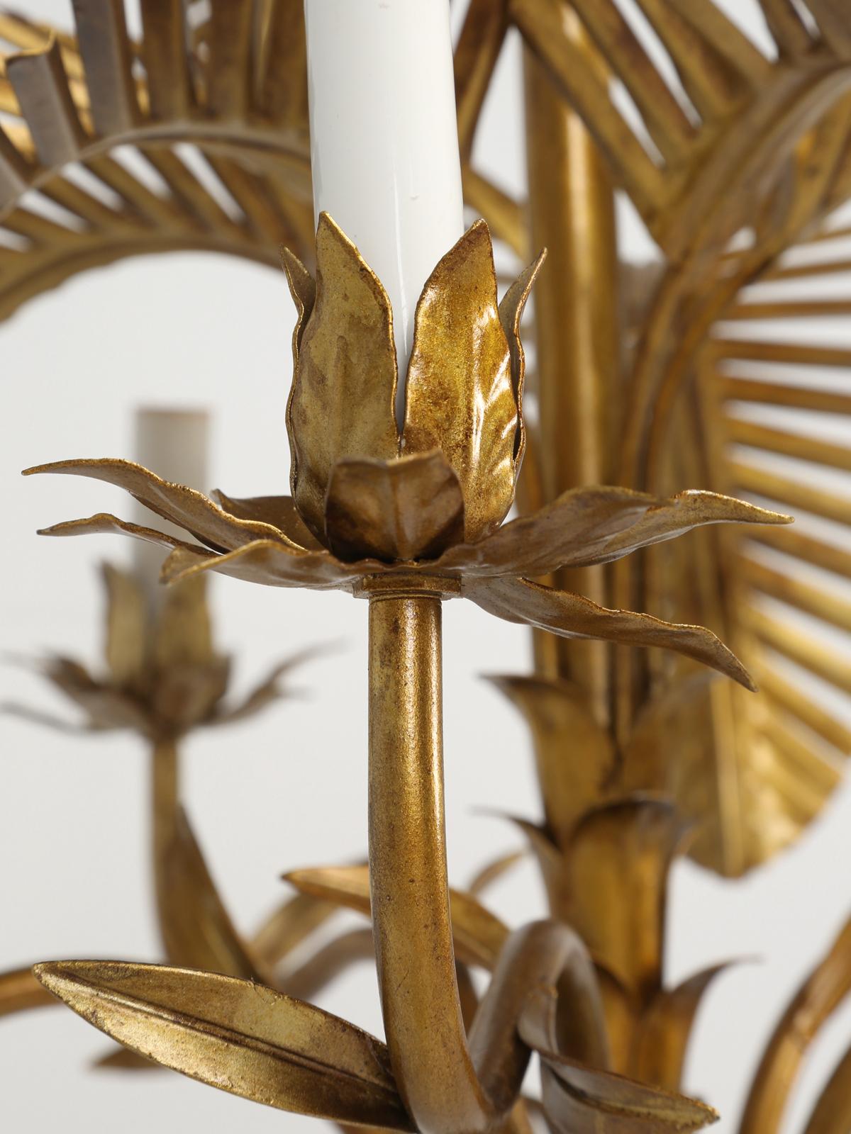 Vintage Palm Tree Frond Gilt Leaves Chandelier, Metal Tole 6