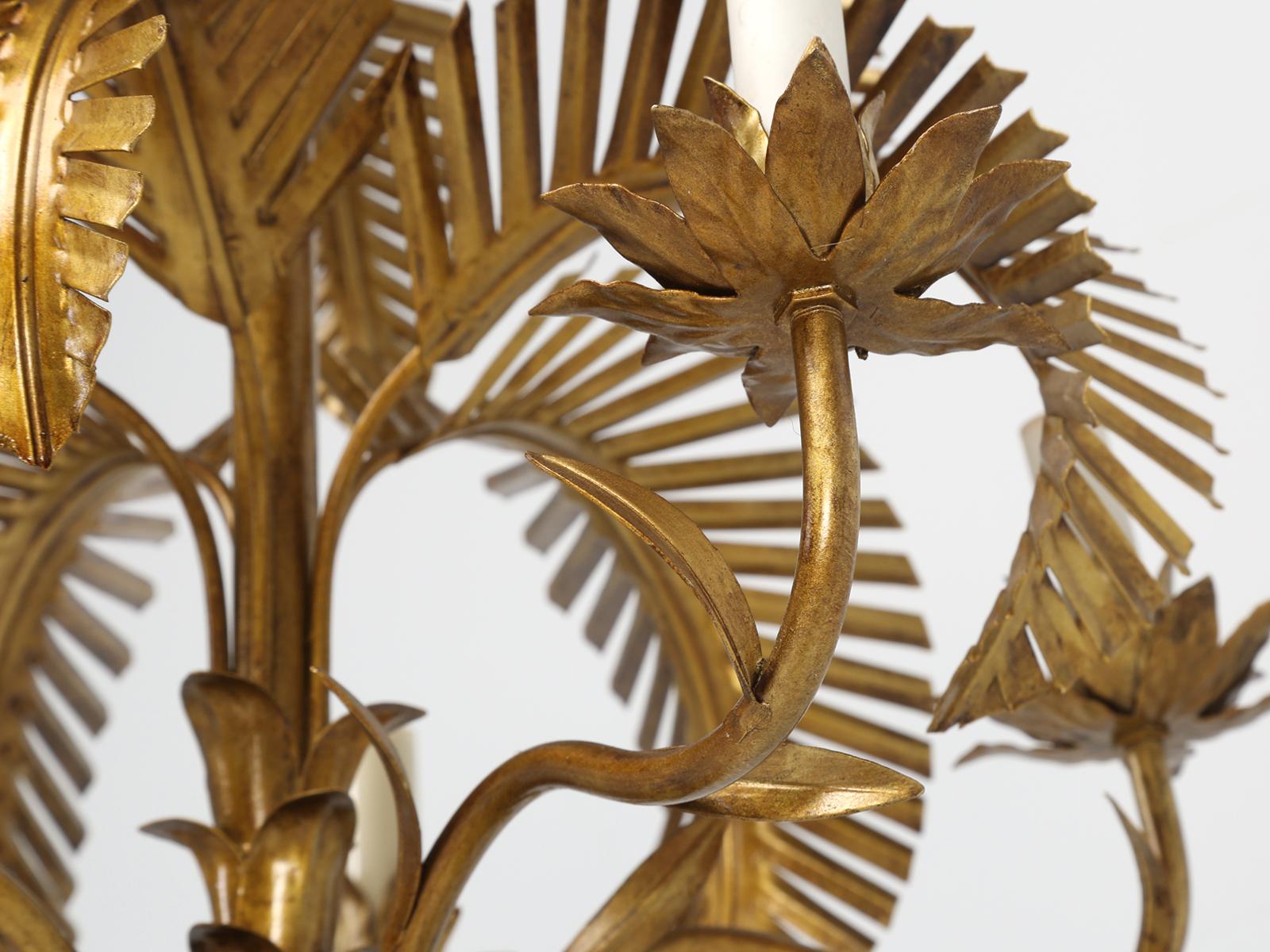 Vintage Palm Tree Frond Gilt Leaves Chandelier, Metal Tole 7