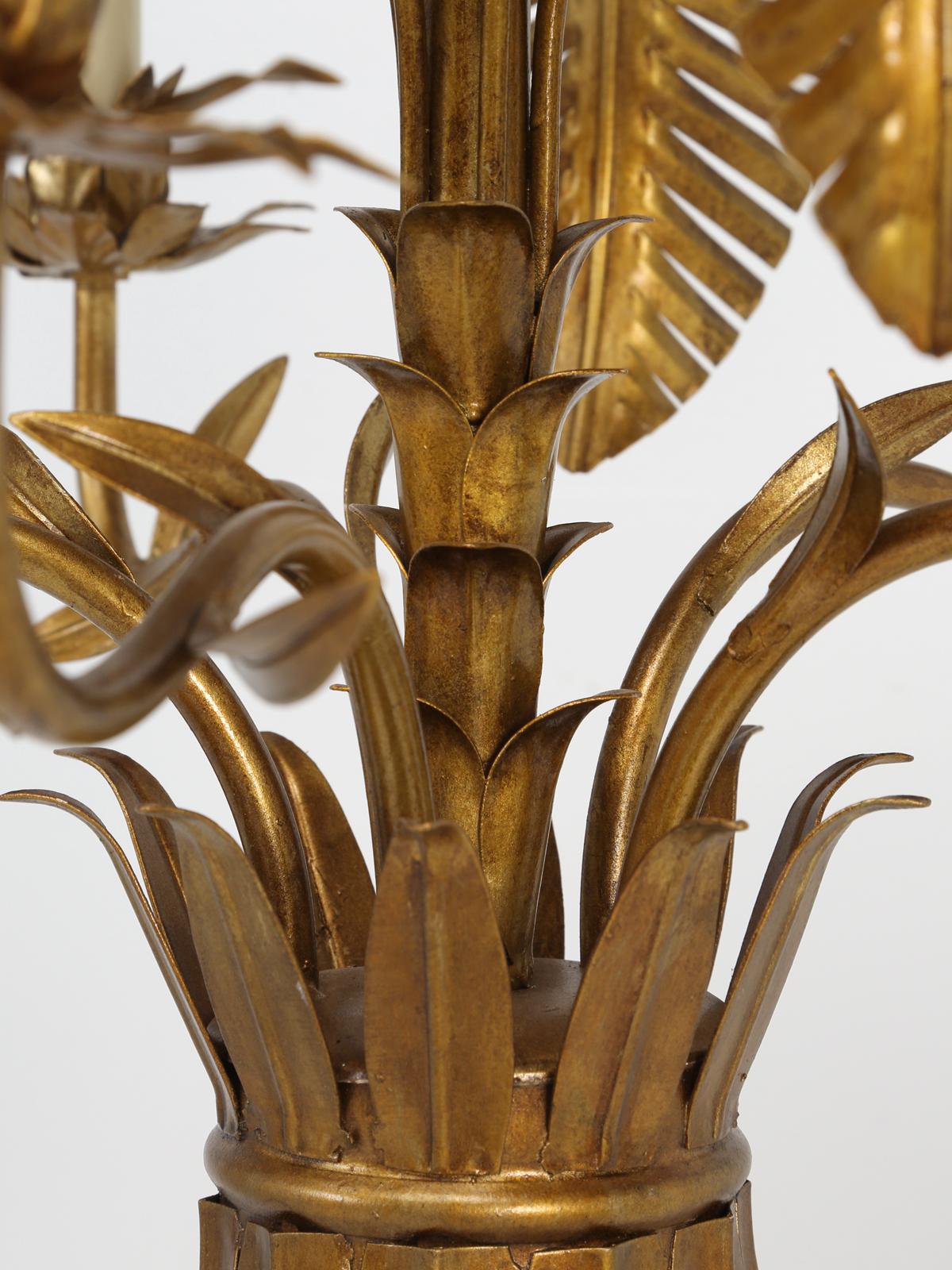 Vintage Palm Tree Frond Gilt Leaves Chandelier, Metal Tole 8