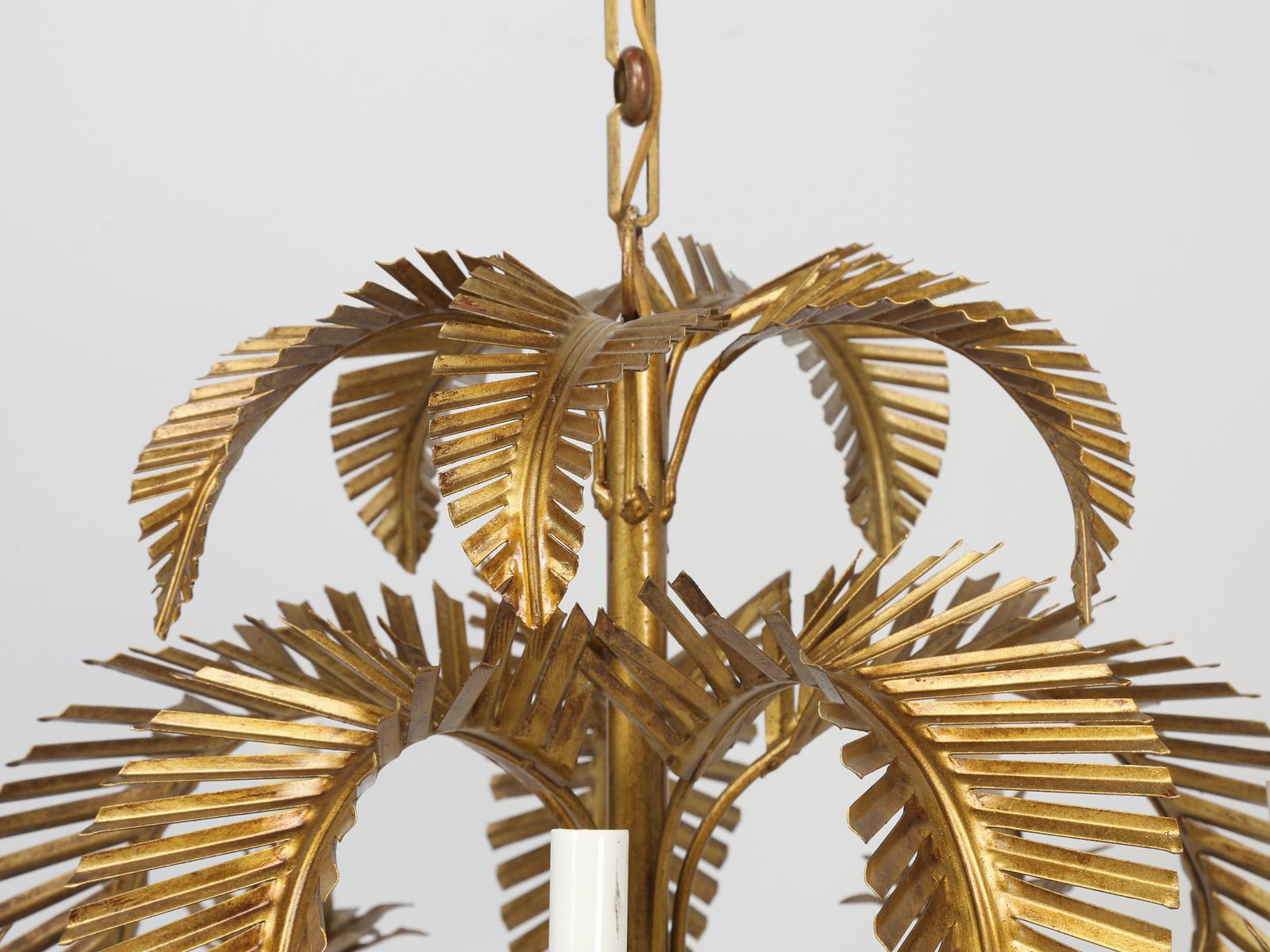 Italian Vintage Palm Tree Frond Gilt Leaves Chandelier, Metal Tole