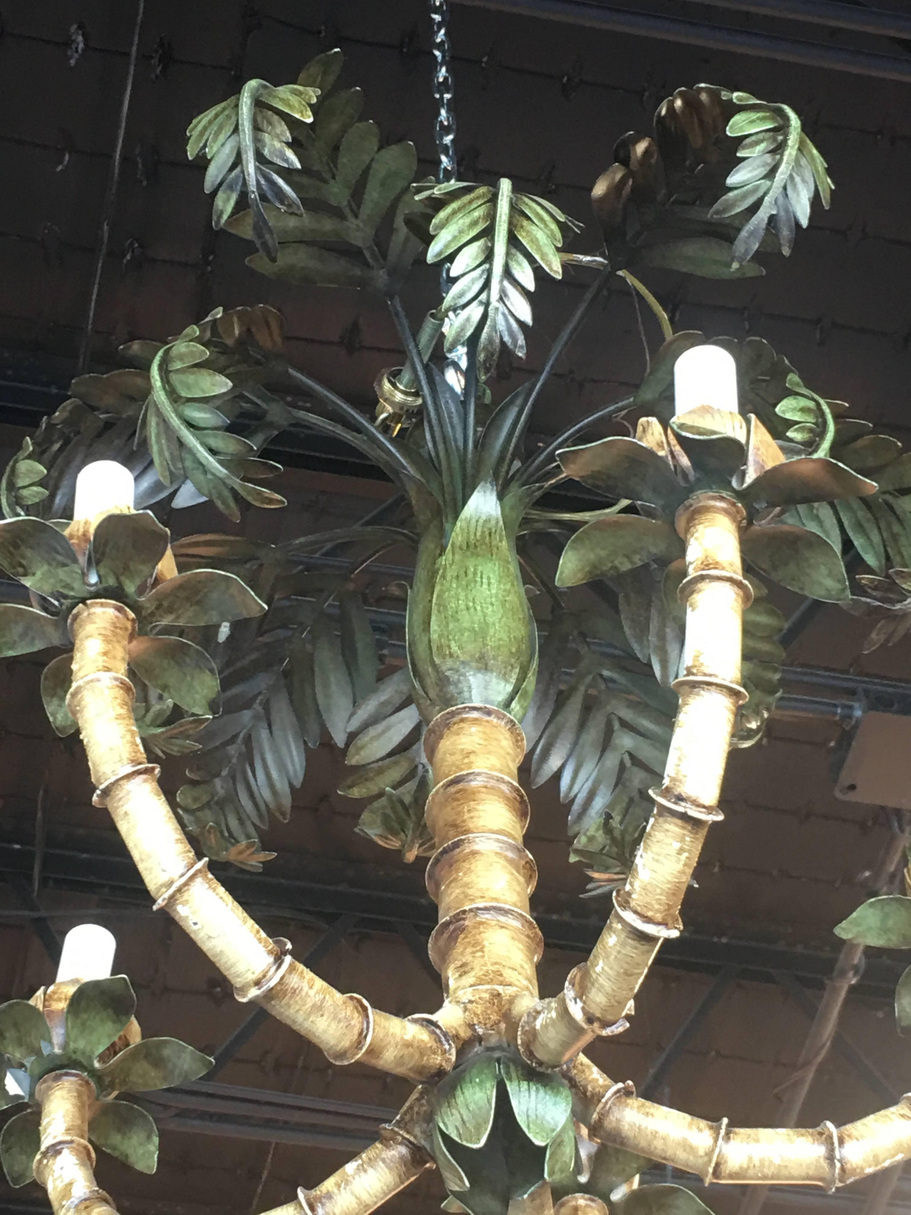 American Vintage Palm Tree Frond Leaf Leaves Chandelier Metal Tole Palm Beach