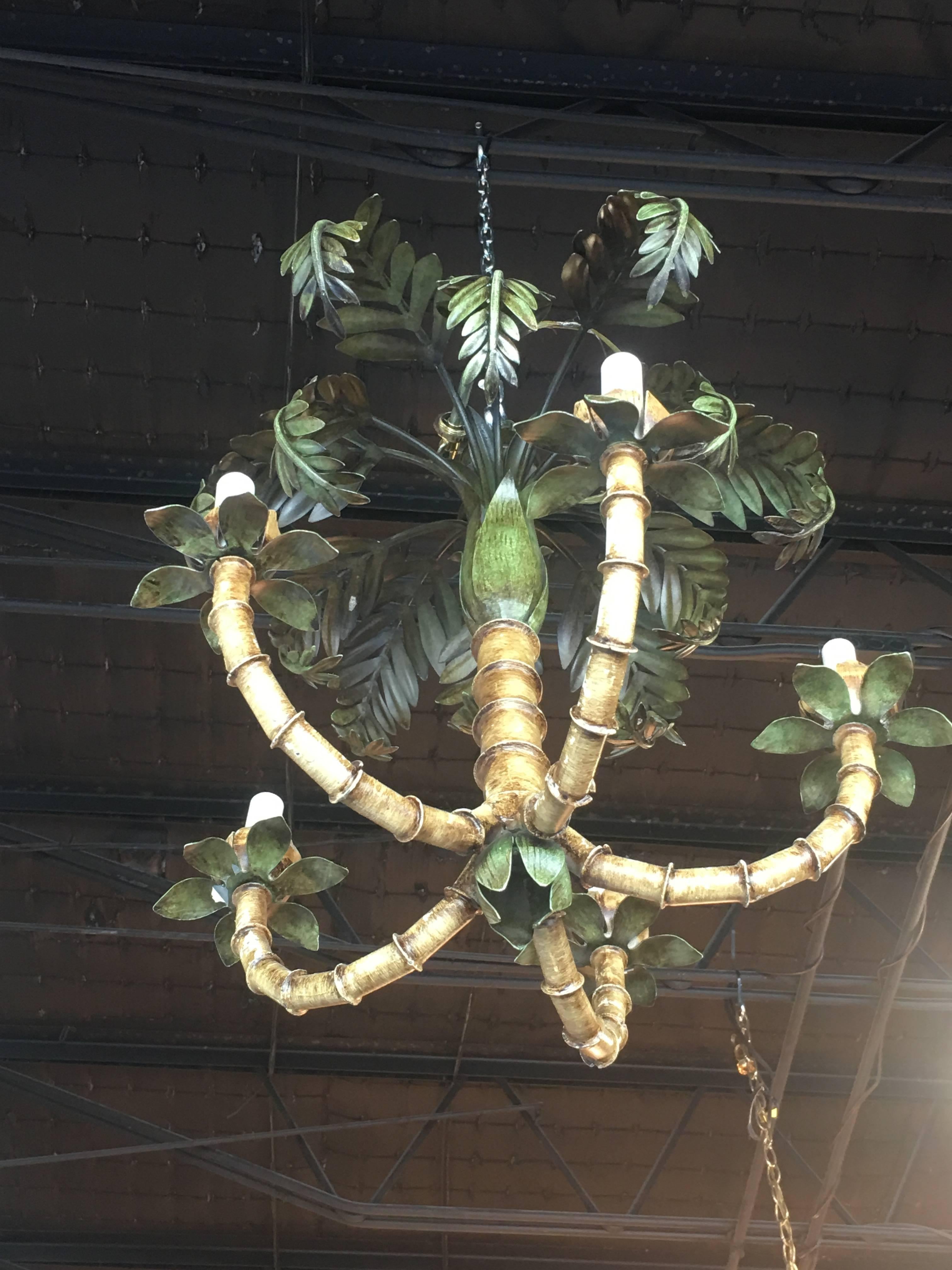 Late 20th Century Vintage Palm Tree Frond Leaf Leaves Chandelier Metal Tole Palm Beach