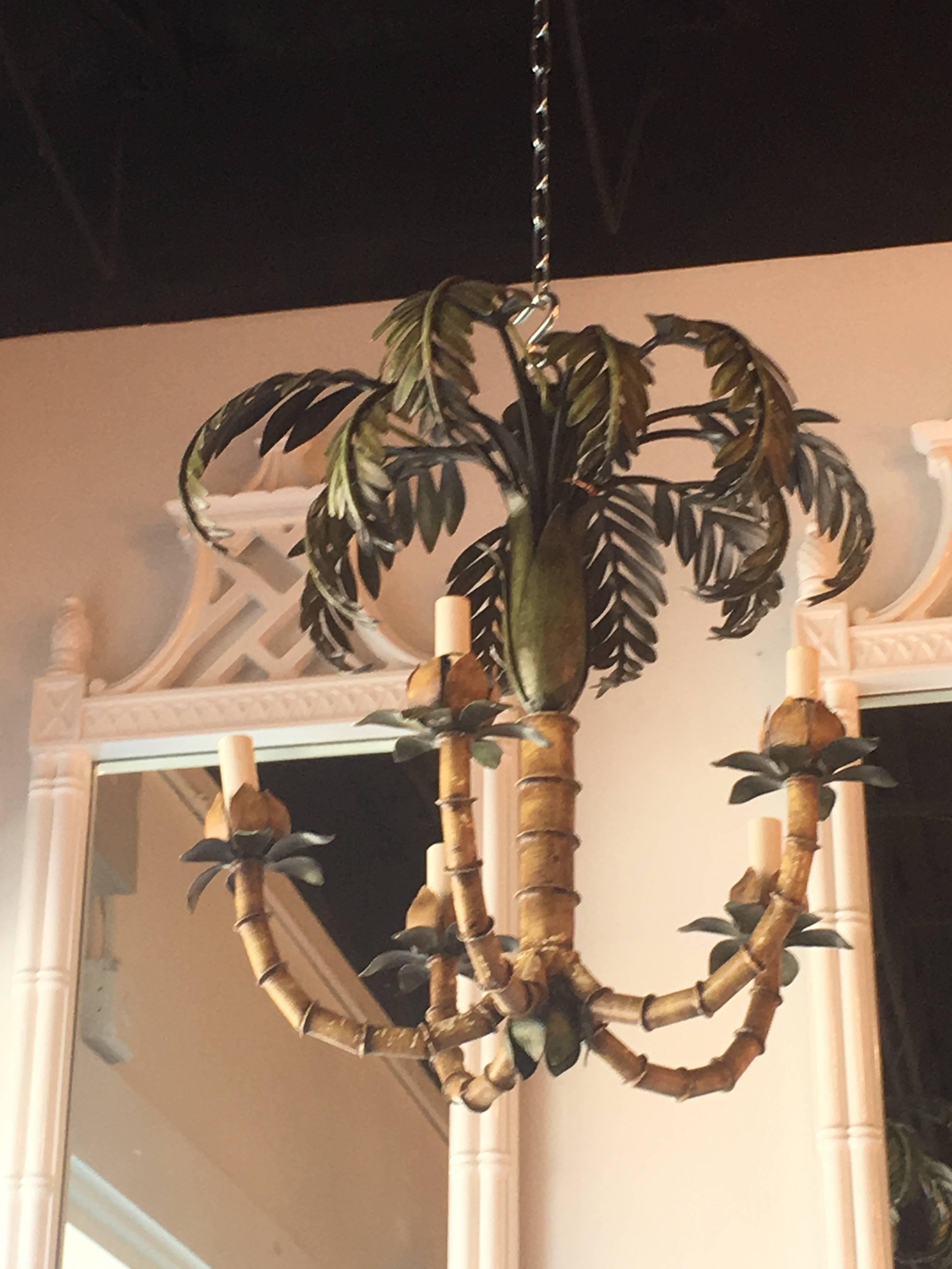 Vintage Palm Tree Frond Leaf Leaves Chandelier Metal Tole Palm Beach 1