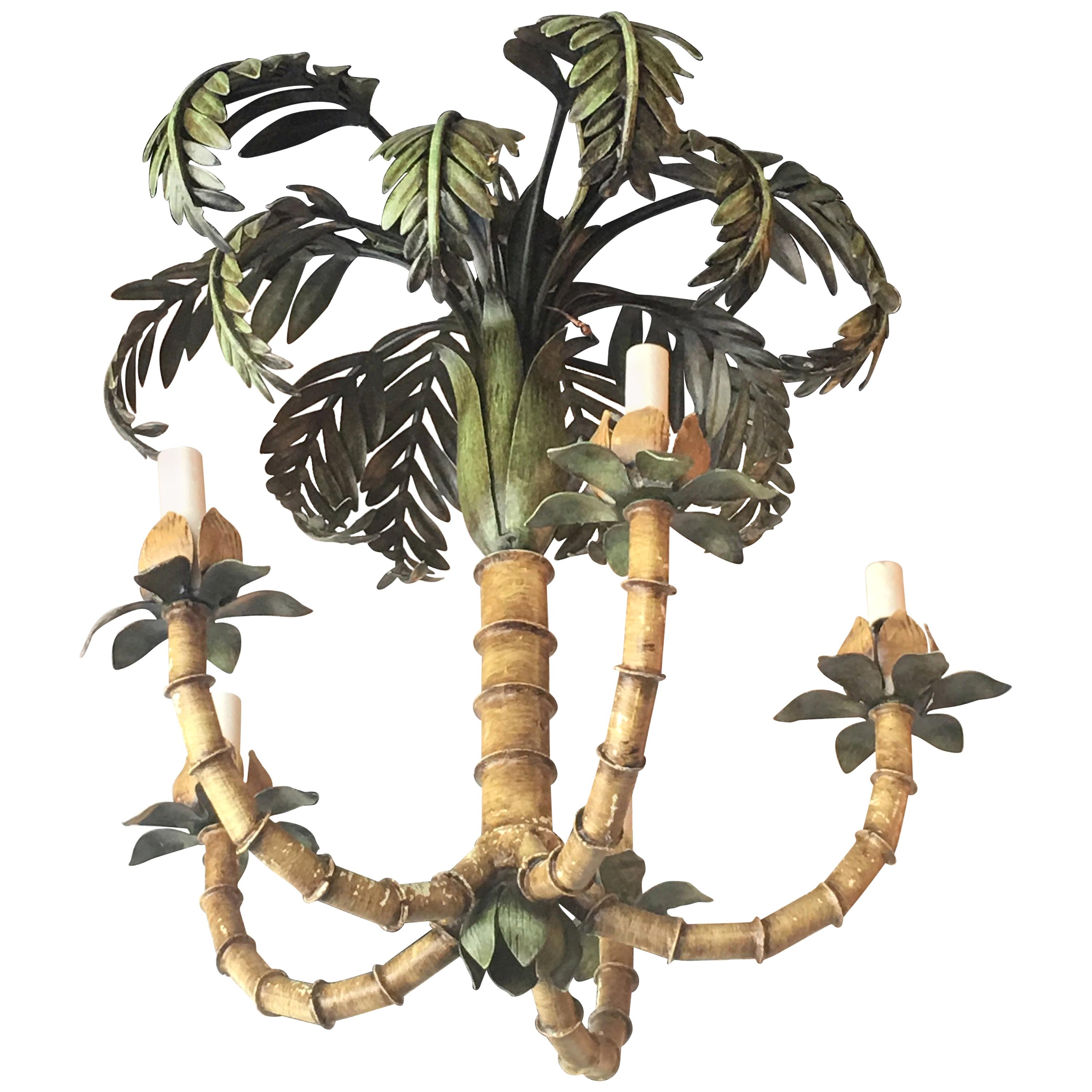 Vintage Palm Tree Frond Leaf Leaves Chandelier Metal Tole Palm Beach