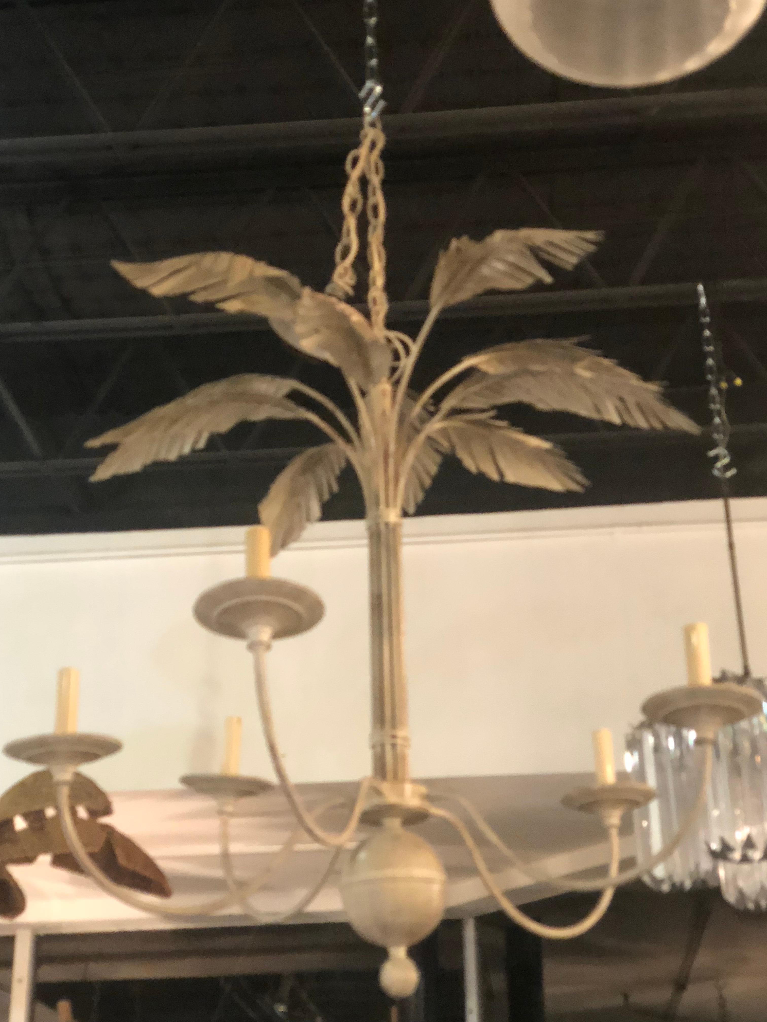 Hollywood Regency Vintage Palm Tree Frond Leaf Leaves Metal Tole Chandelier