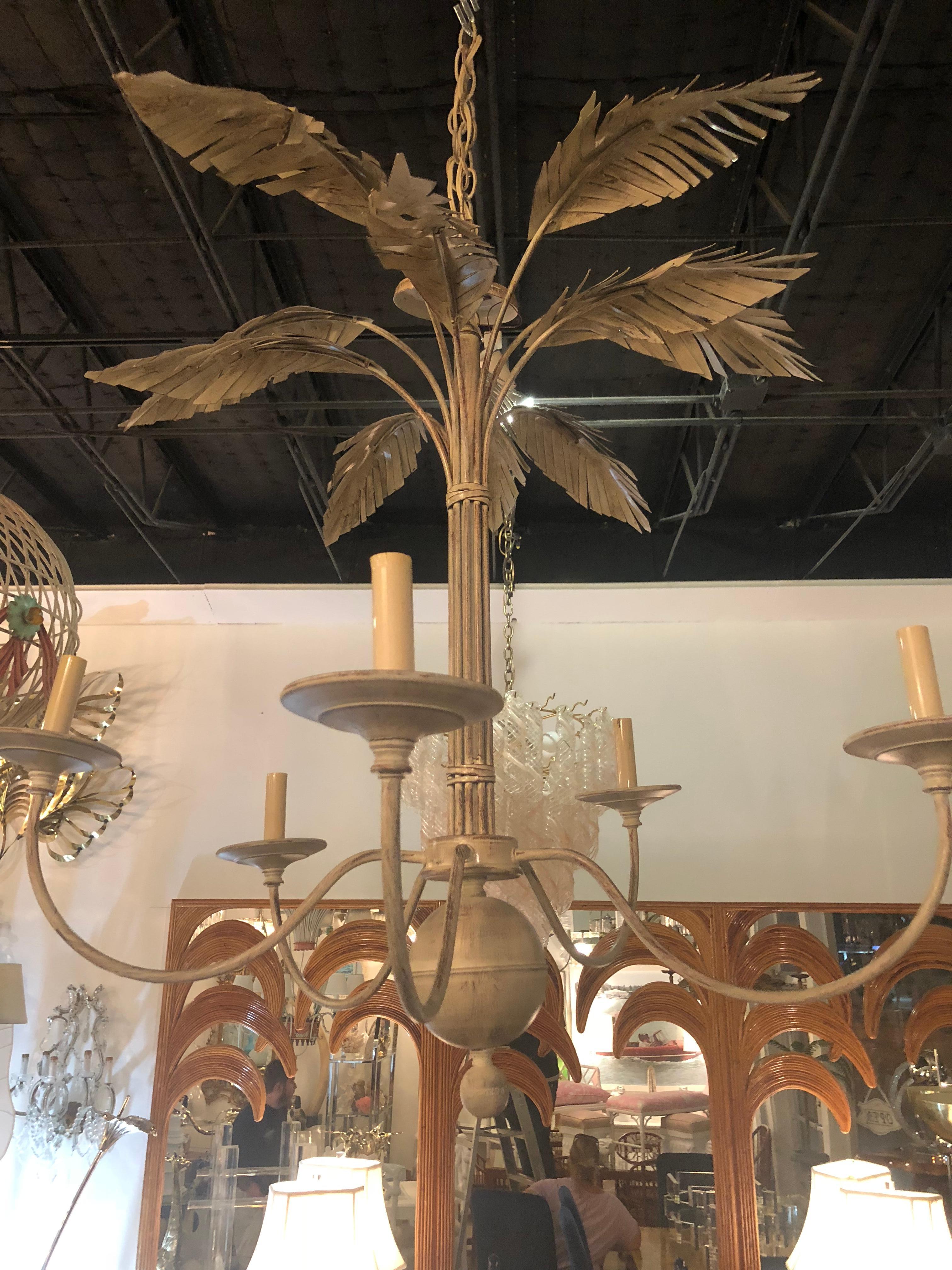 Late 20th Century Vintage Palm Tree Frond Leaf Leaves Metal Tole Chandelier