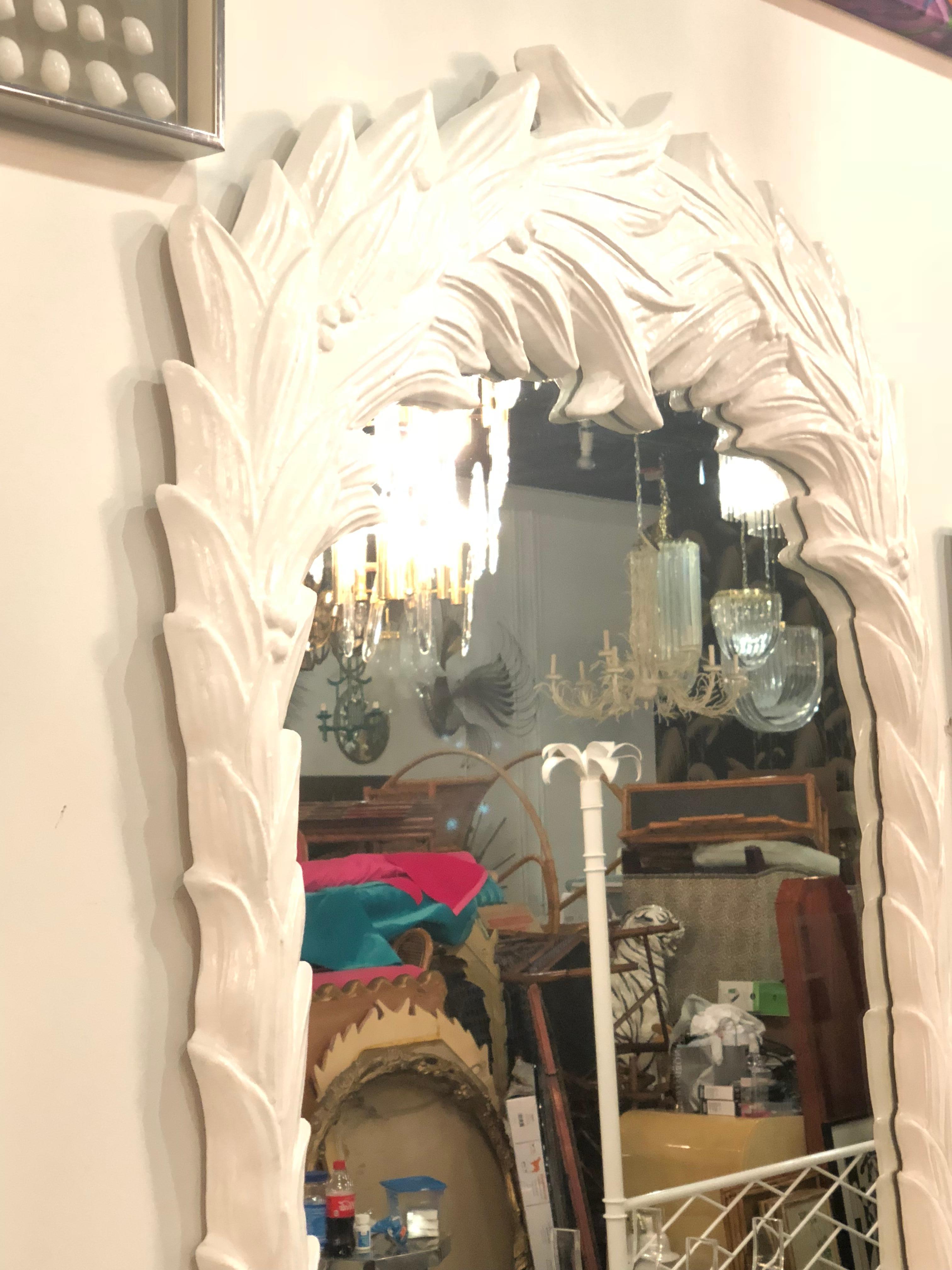 American Vintage Palm Tree Frond Leaf Wall Mirror Lacquered White 