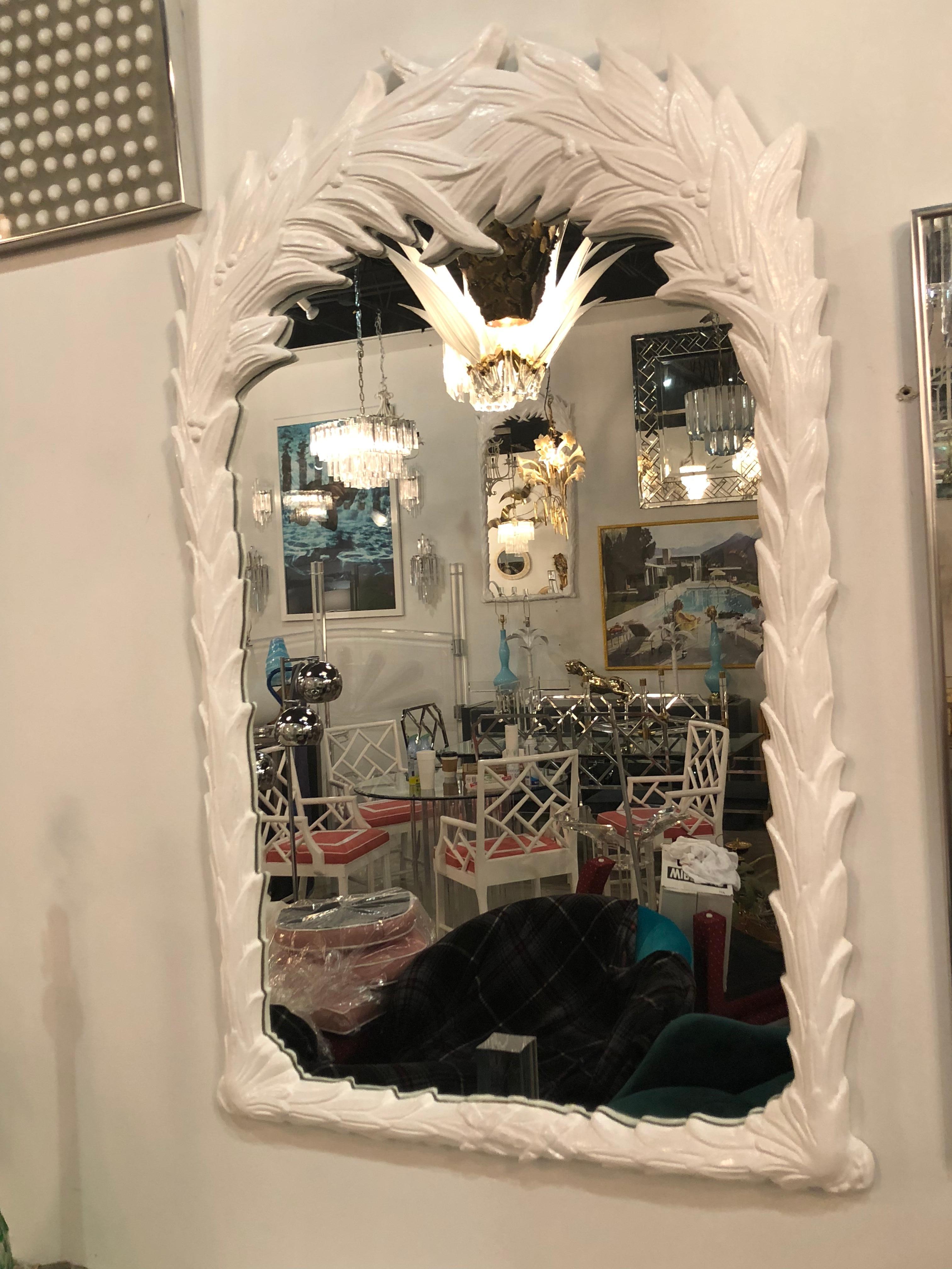 Vintage Palm Tree Frond Leaf Wall Mirror Lacquered White  In Excellent Condition In West Palm Beach, FL