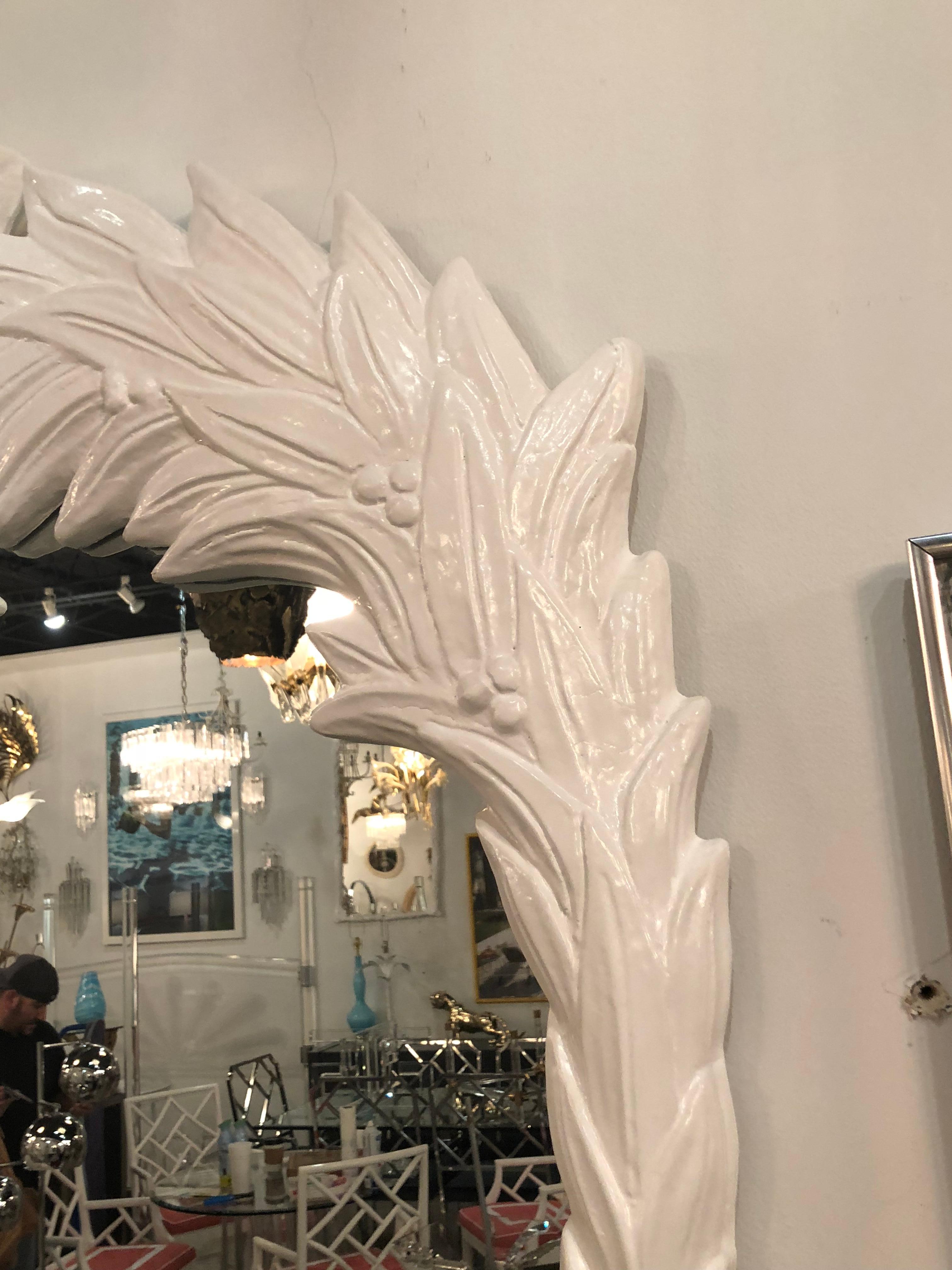 American Vintage Palm Tree Frond Leaf Wall Mirror Lacquered White