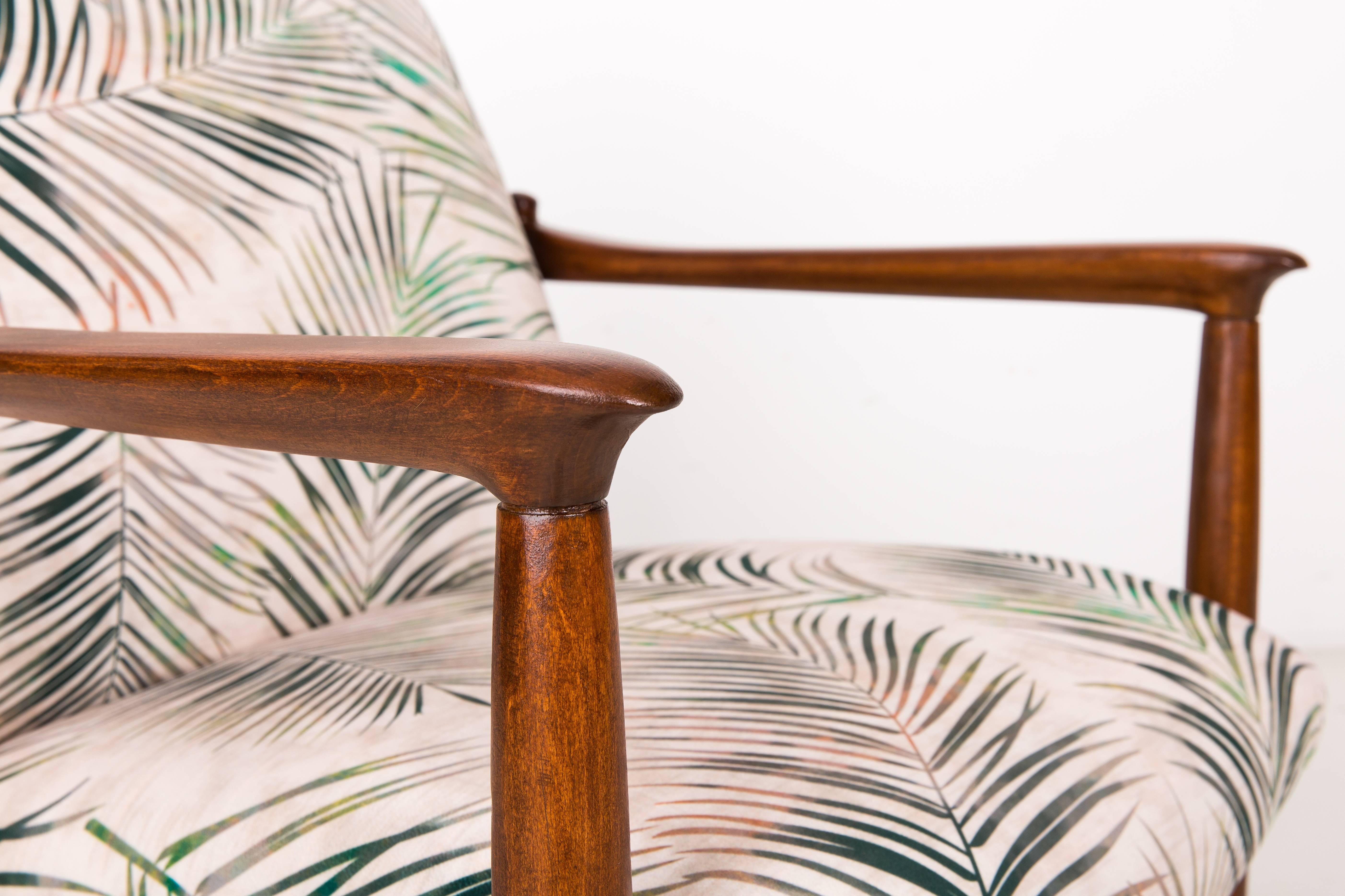 Mid-Century Modern Vintage Palm Tree Leaves Beige Velvet Armchair, Edmund Homa, 1960s For Sale