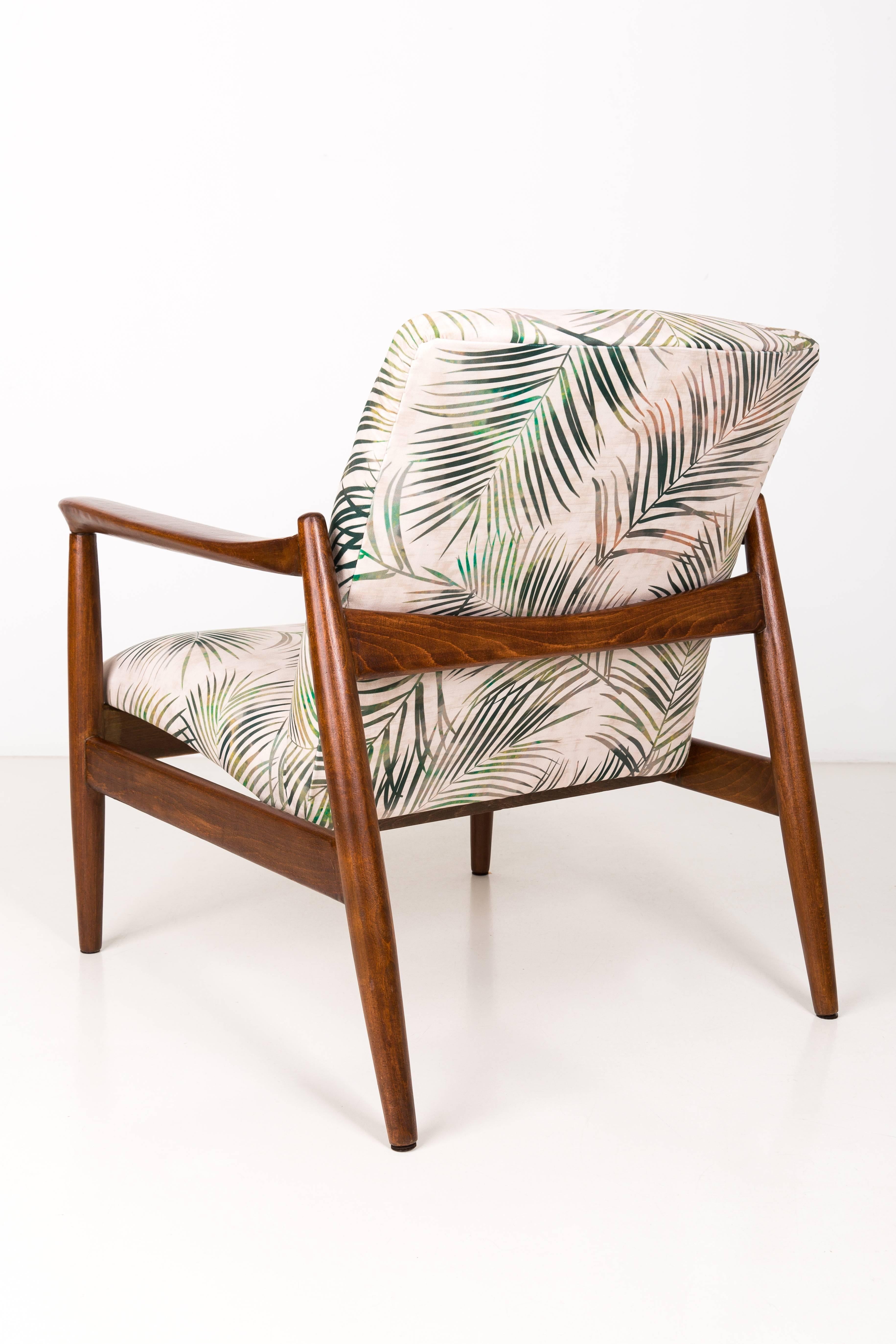 Polish Vintage Palm Tree Leaves Beige Velvet Armchair, Edmund Homa, 1960s For Sale