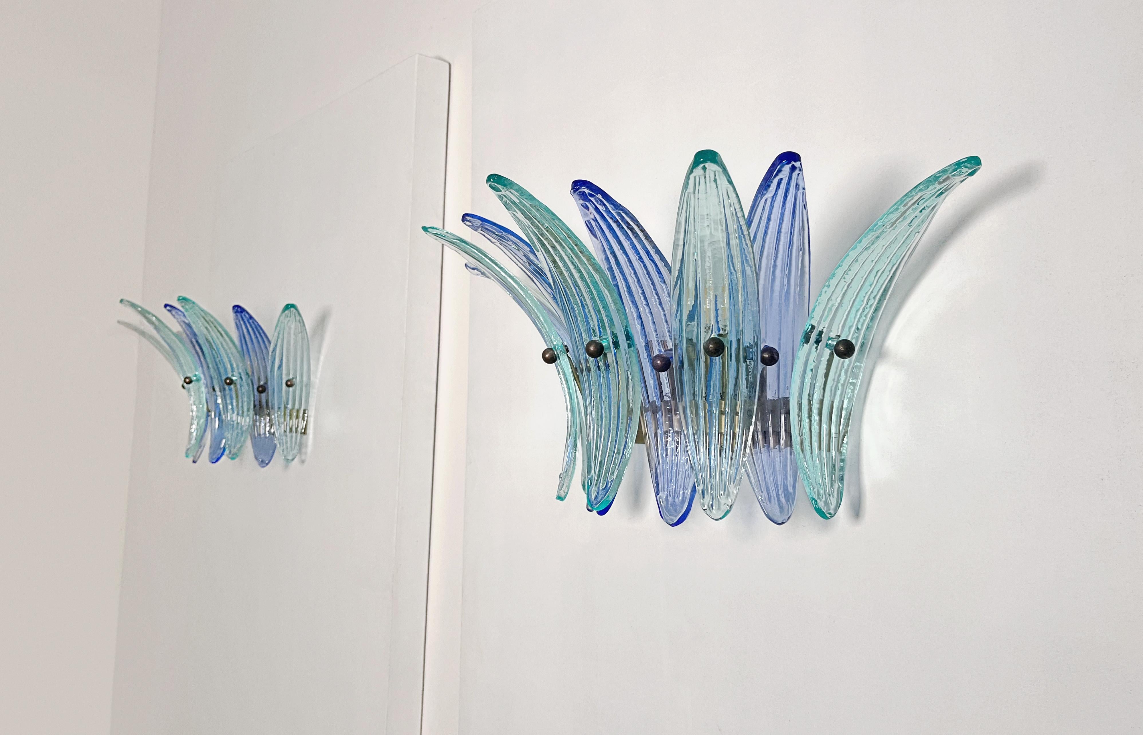Galvanized Vintage Palmette Wall Light  - blue and turquoise glasses For Sale