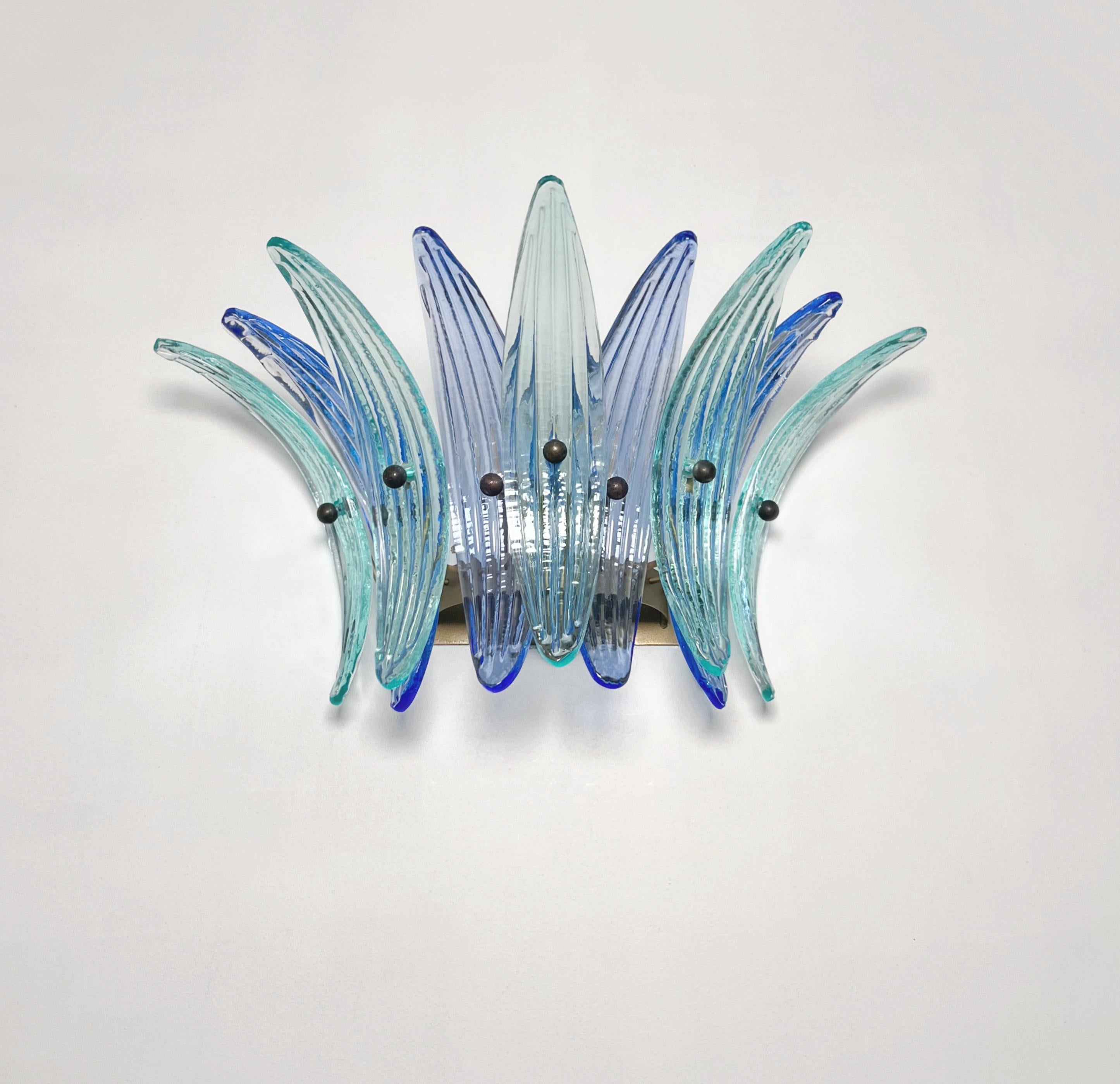 20th Century Vintage Palmette Wall Light  - blue and turquoise glasses For Sale