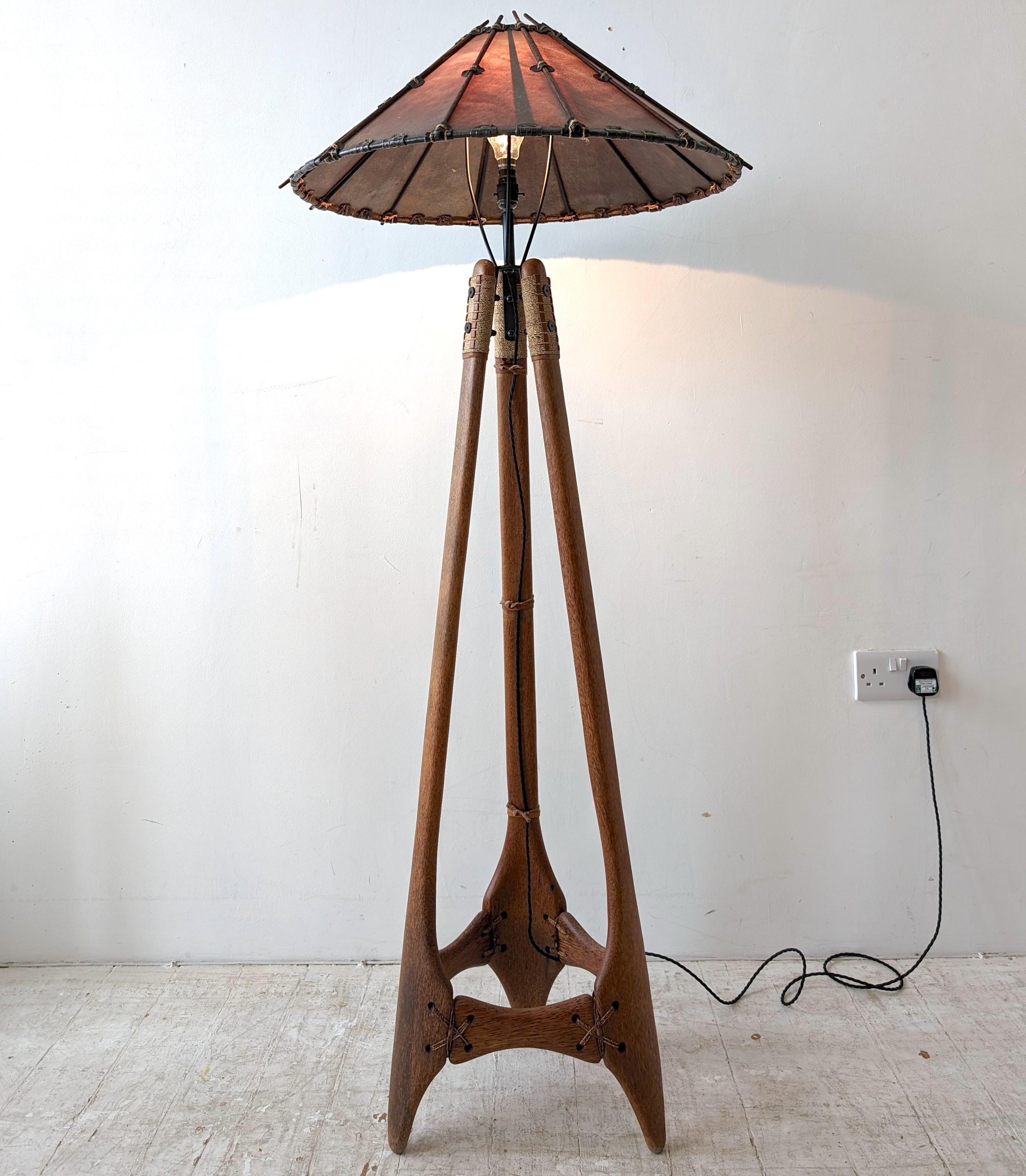 Bohemian Vintage palmwood, leather and sisal floor lamp by Pacific Green, circa 1990s For Sale