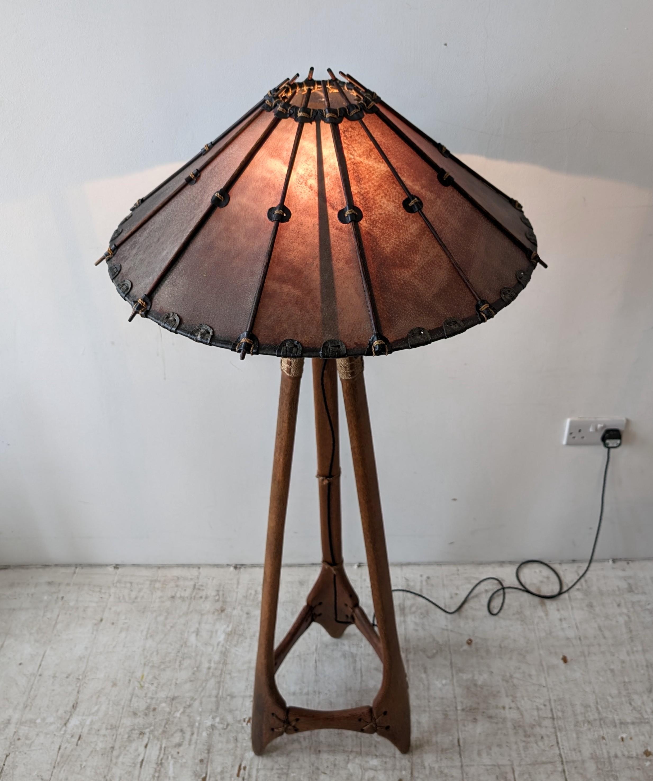 Vintage palmwood, leather and sisal floor lamp by Pacific Green, circa 1990s In Good Condition In Hastings, GB