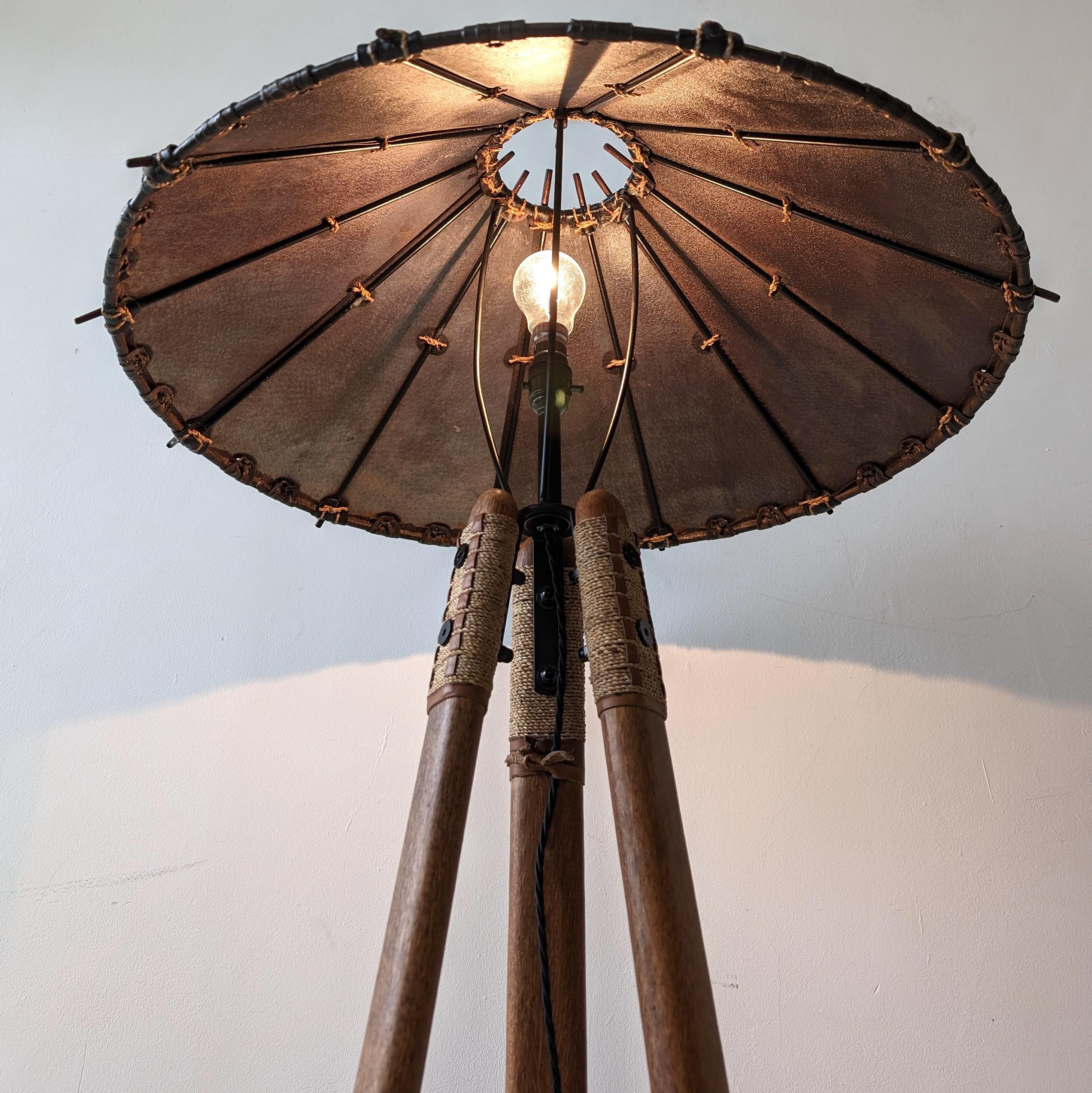 20th Century Vintage palmwood, leather and sisal floor lamp by Pacific Green, circa 1990s For Sale