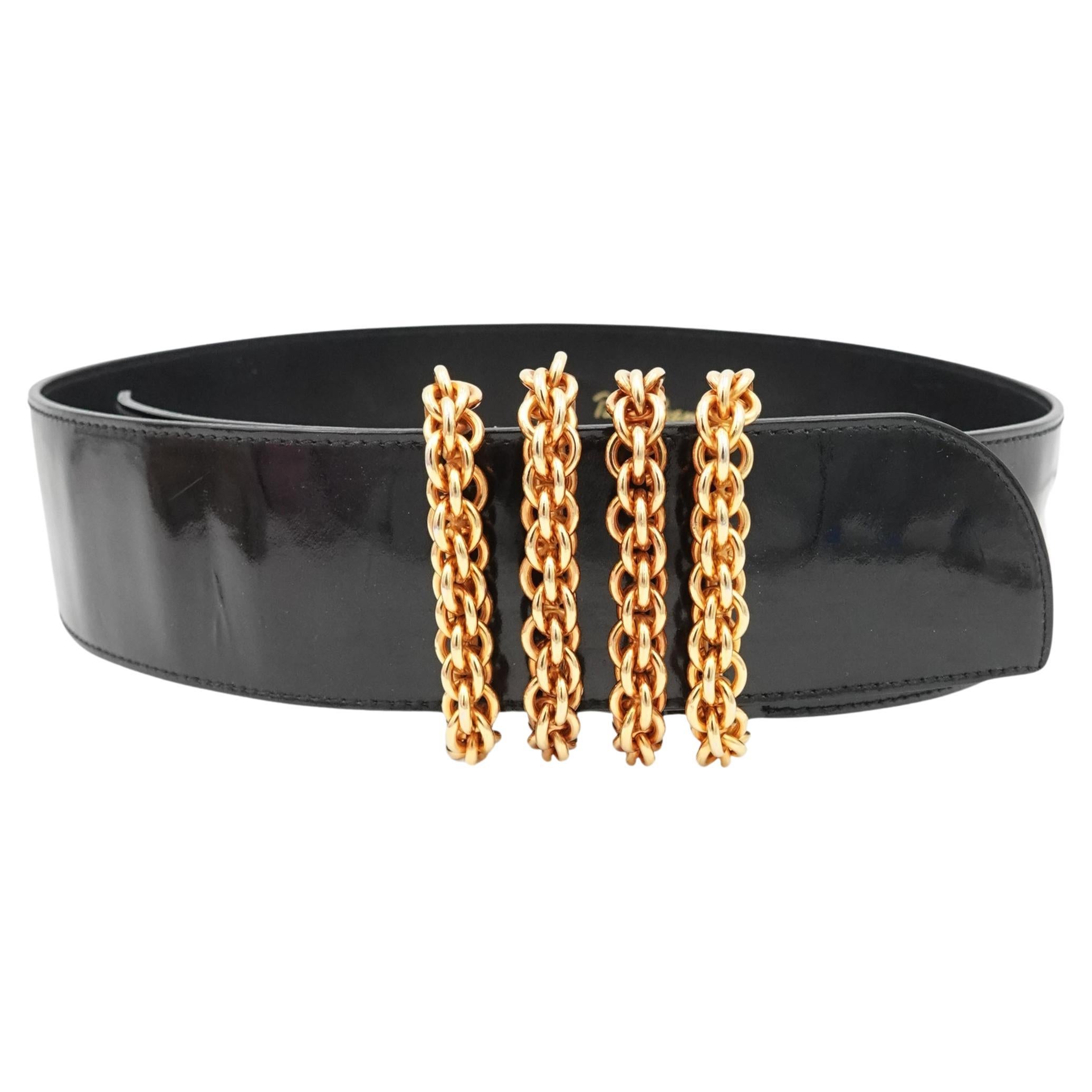 Cintura vintage in pelle verniciata nera di Paloma Picasso con hardware dorato