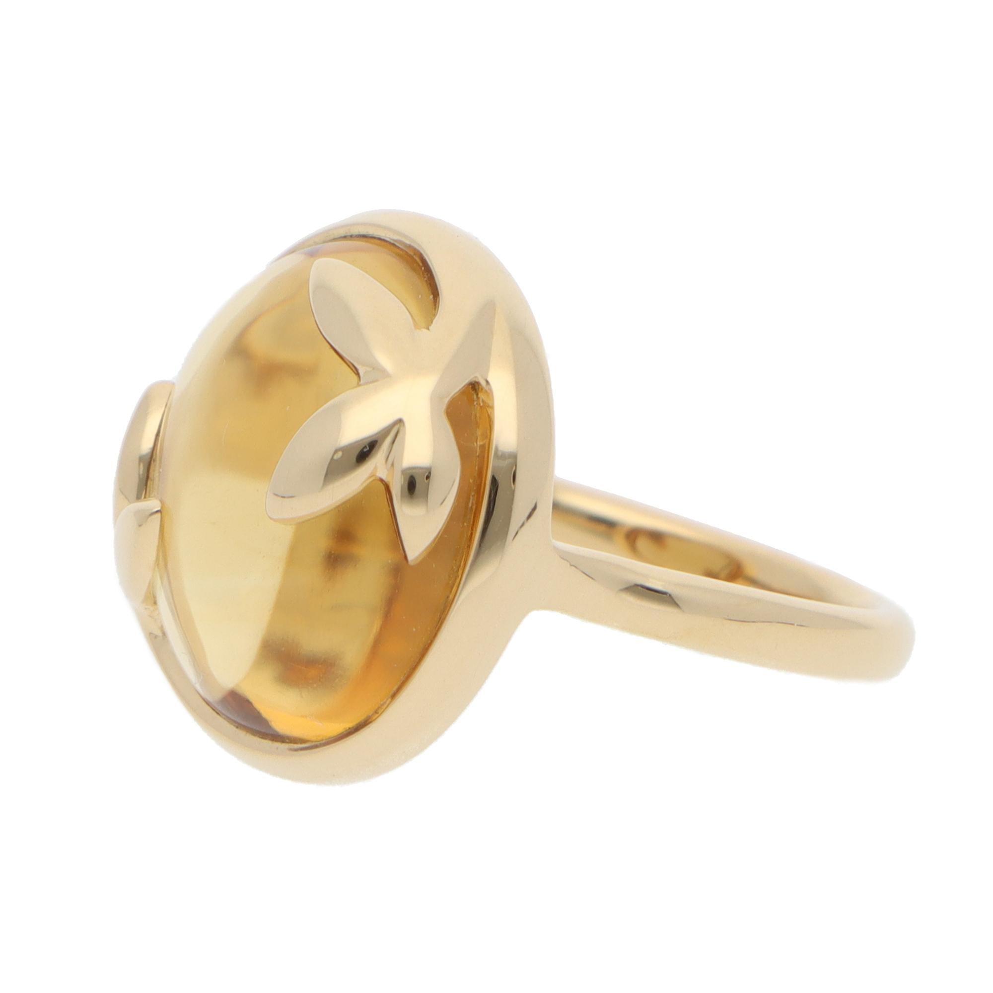 A beautiful vintage Paloma Picasso for Tiffany & Co. Olive Leaf citrine ring set in 18k yellow gold.

From the current Olive Leaf collection, the ring is composed of a large oval cabochon citrine. The citrine is bezel set in polished yellow gold