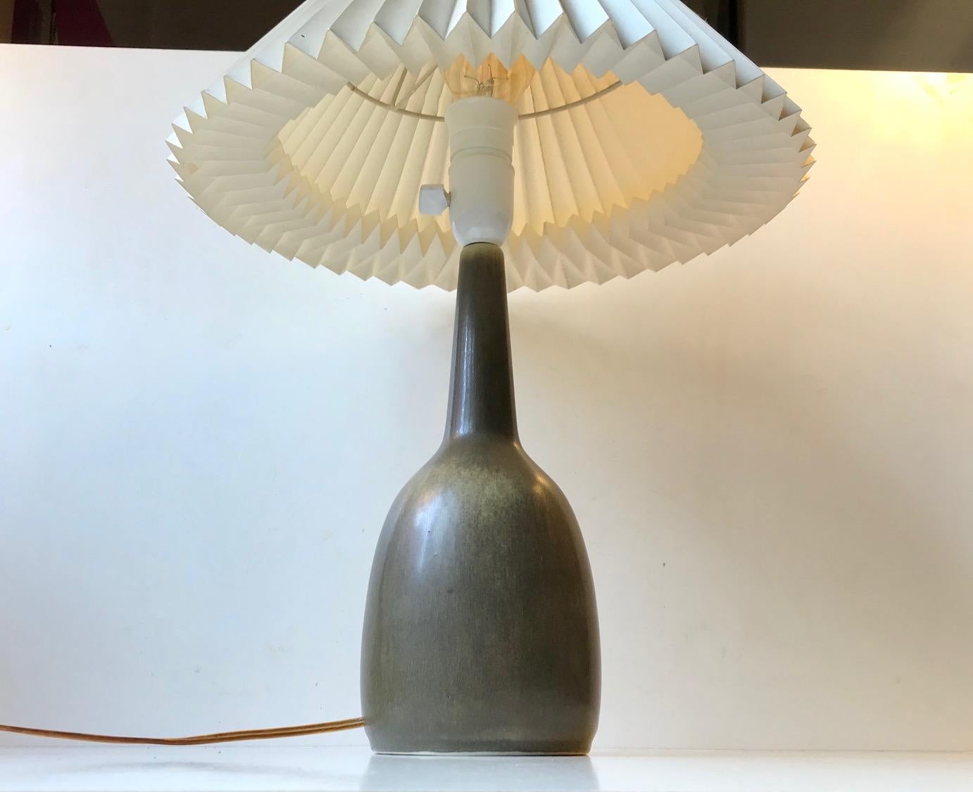 Mid-Century Modern Vintage Palshus Ceramic Table Light with Olive Green Haresfur Glaze, 1950s
