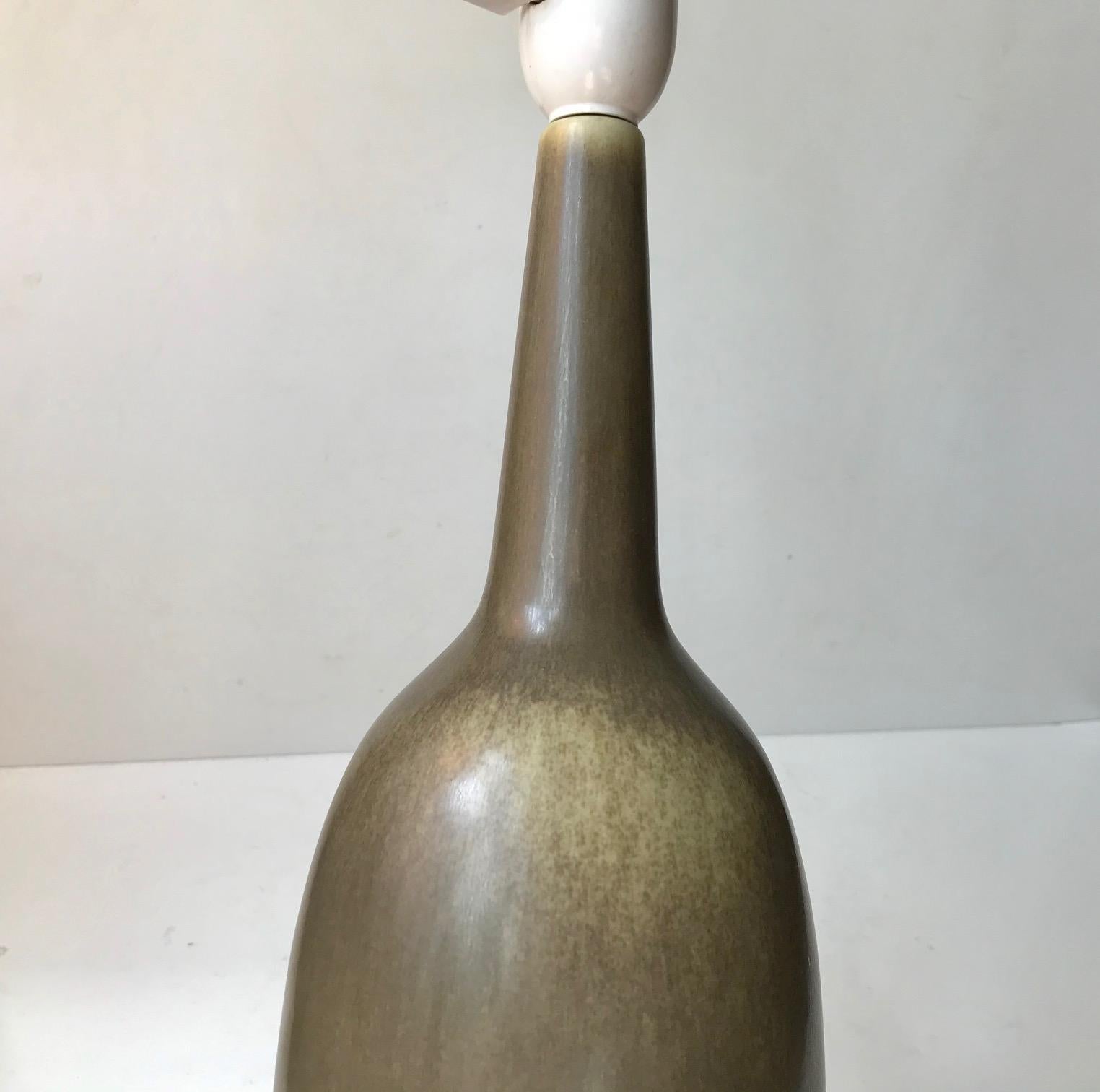 Glazed Vintage Palshus Ceramic Table Light with Olive Green Haresfur Glaze, 1950s