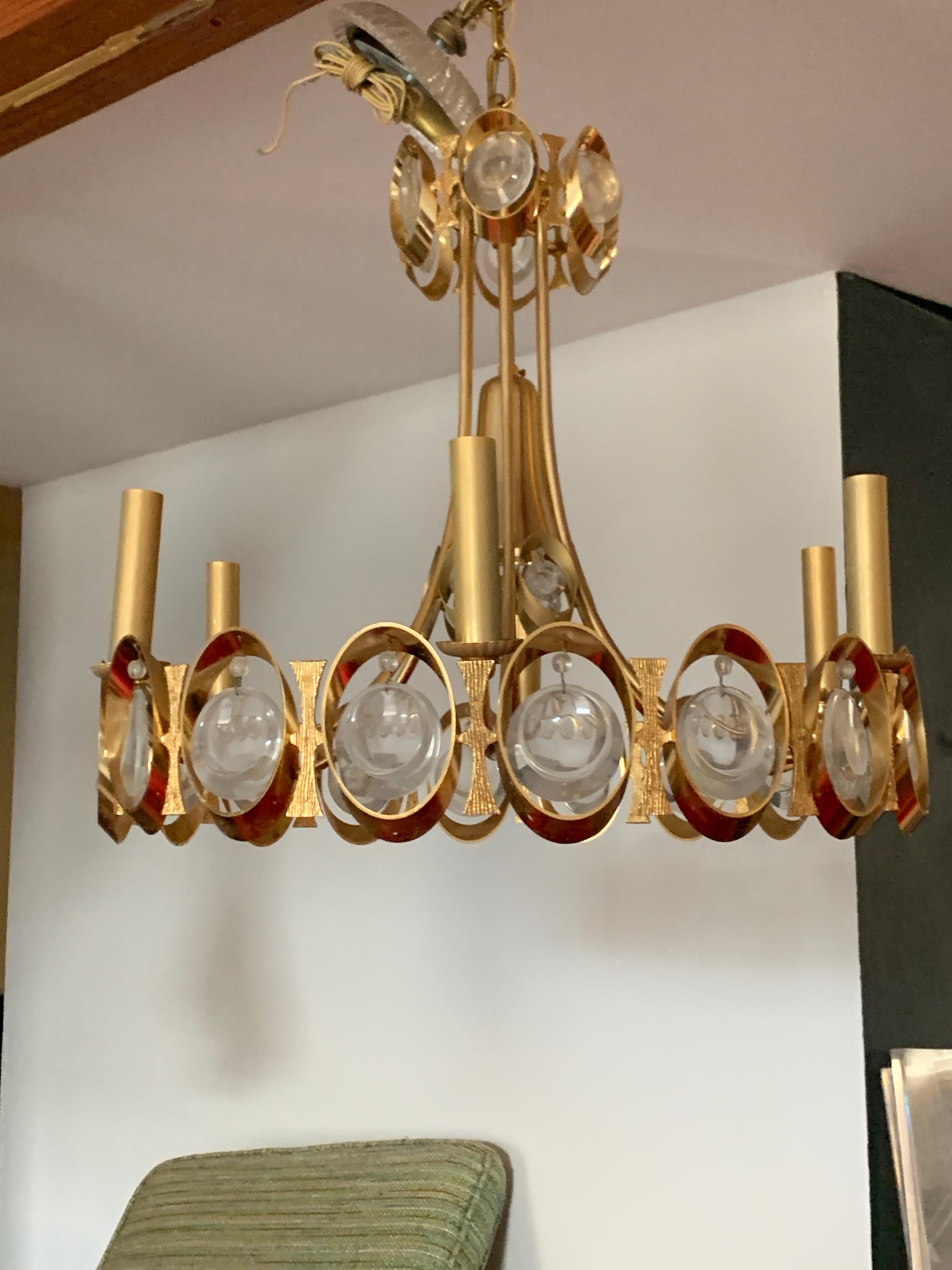 20th Century Vintage Palwa 22K Gold-Plated Modern Crystal Chandelier 1960s Midcentury Glam