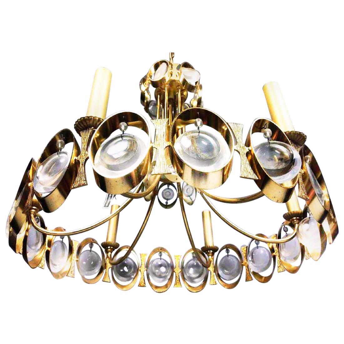 Vintage Palwa 22K Gold-Plated Modern Crystal Chandelier 1960s Midcentury Glam