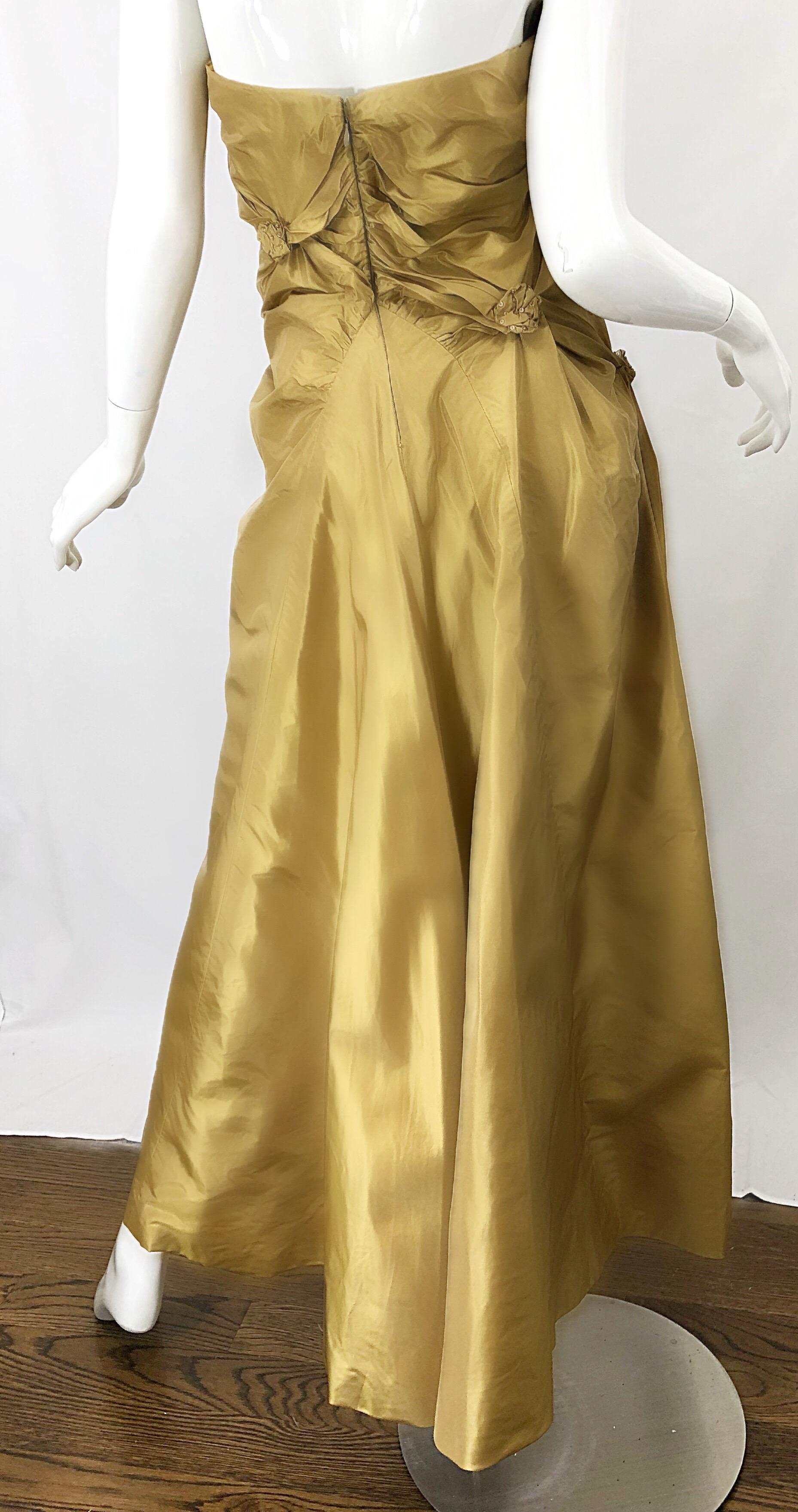 Vintage Pamela Dennis Couture Size 8 Gold Silk Taffeta Beaded Strapless 90s Gown For Sale 2