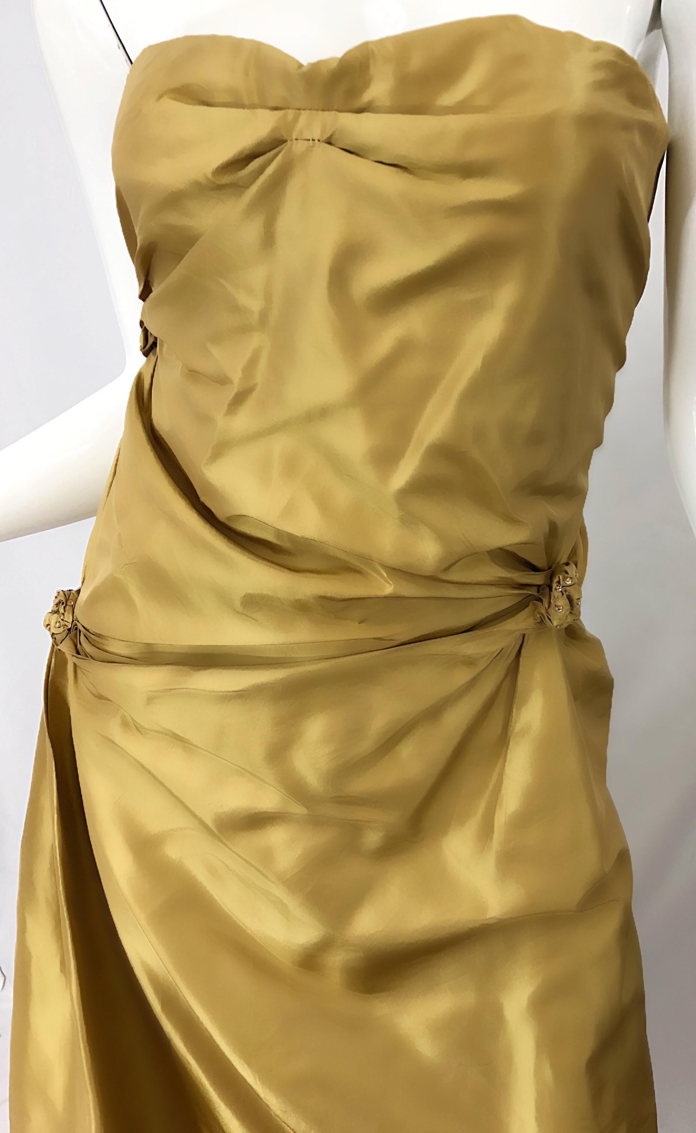 Robe bustier vintage Pamela Dennis Couture en taffetas de soie doré perlé (années 1990), taille 8 Excellent état - En vente à San Diego, CA