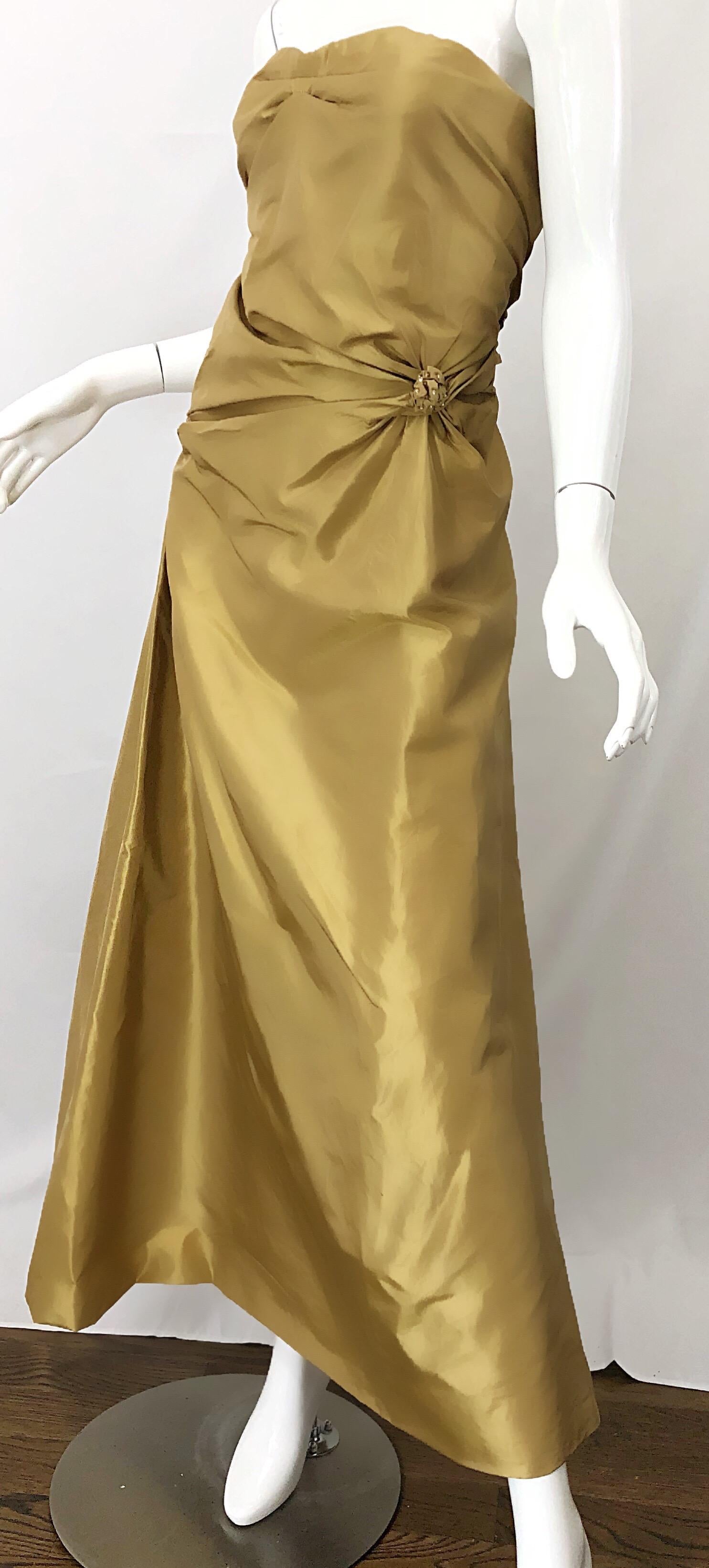 Brown Vintage Pamela Dennis Couture Size 8 Gold Silk Taffeta Beaded Strapless 90s Gown For Sale