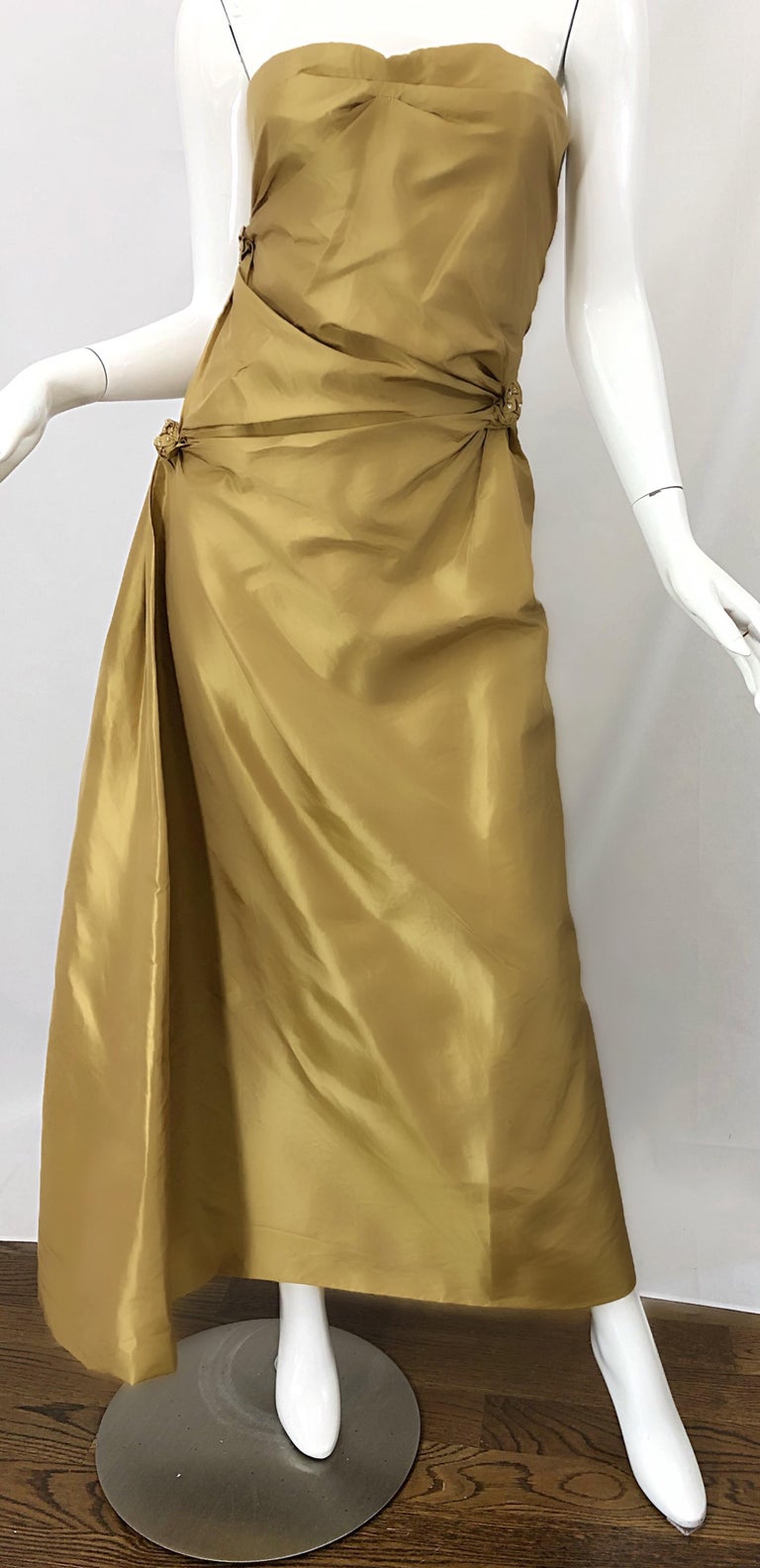Vintage Pamela Dennis Couture Size 8 Gold Silk Taffeta Beaded Strapless 90s Gown Vintage Pamela Dennis Couture Size 8 Gold Silk Taffeta Beaded Strapless 90s Gown