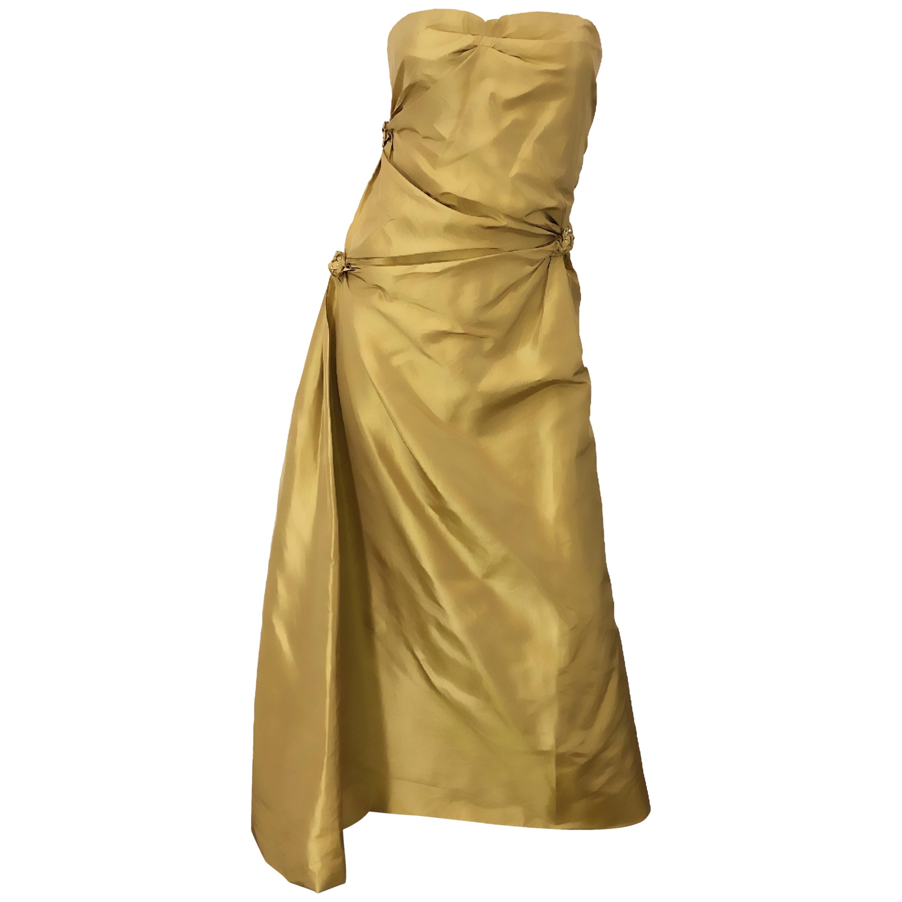 Vintage Pamela Dennis Couture Size 8 Gold Silk Taffeta Beaded Strapless 90s Gown For Sale