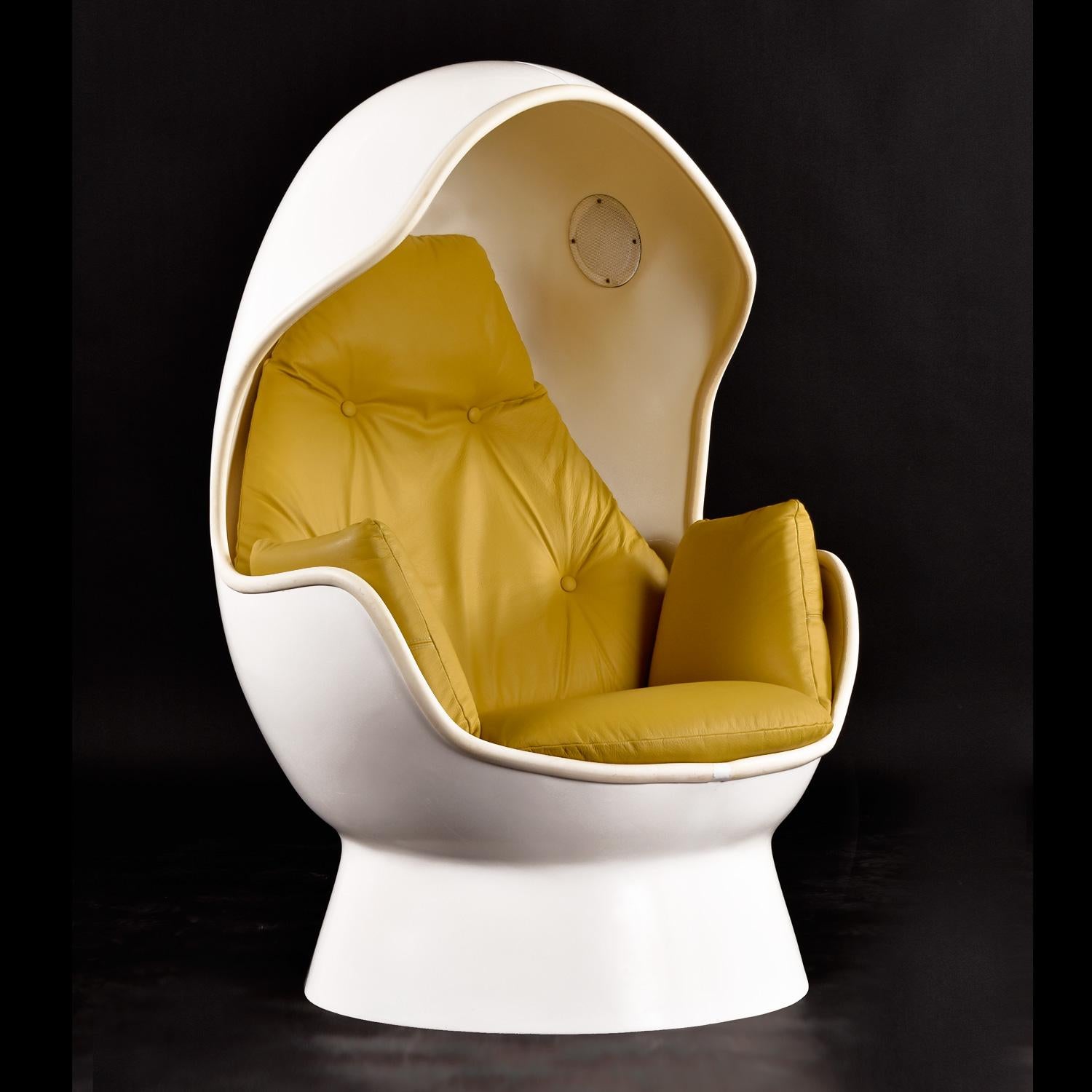 Mid-Century Modern Vintage Panasonic Pod Stereo Egg Chair & Ottoman in Yellow Leather