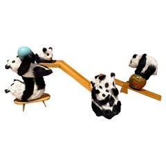 Vintage Panda Mom and Cubs Toy Set with Slide, Mid-Century Modern