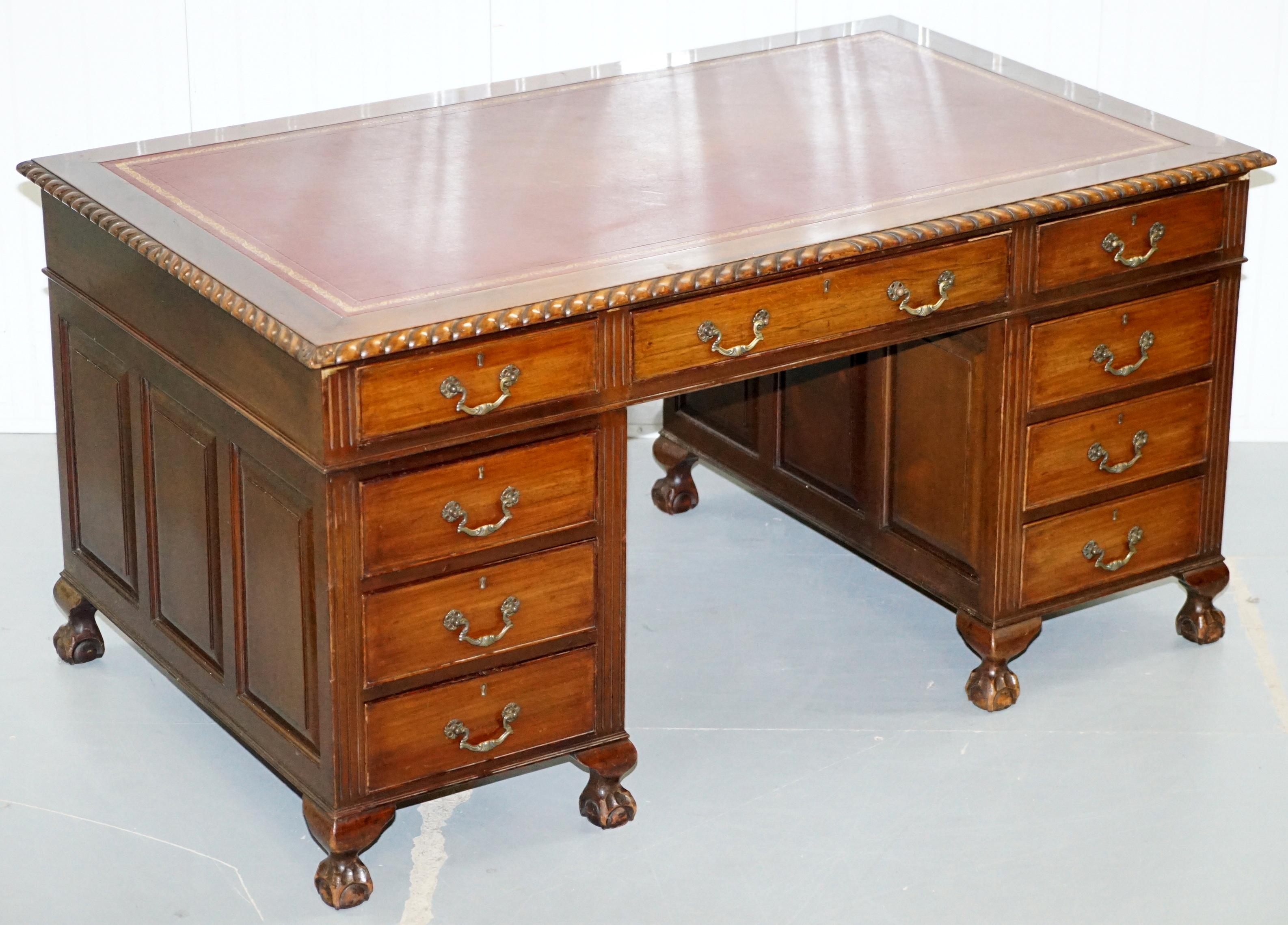 Queen Anne Vintage Panelled Mahogany Twin Pedestal Partner Desk Claw & Ball Legs Leather