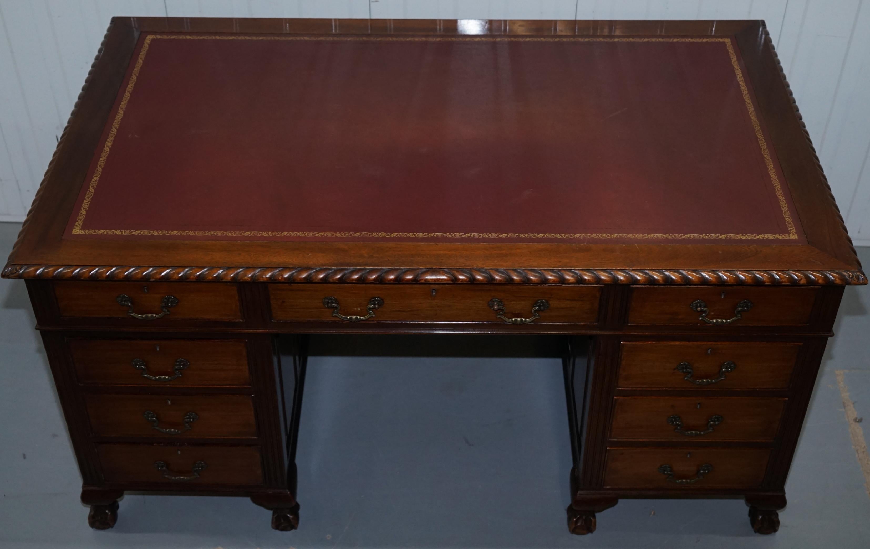 English Vintage Panelled Mahogany Twin Pedestal Partner Desk Claw & Ball Legs Leather