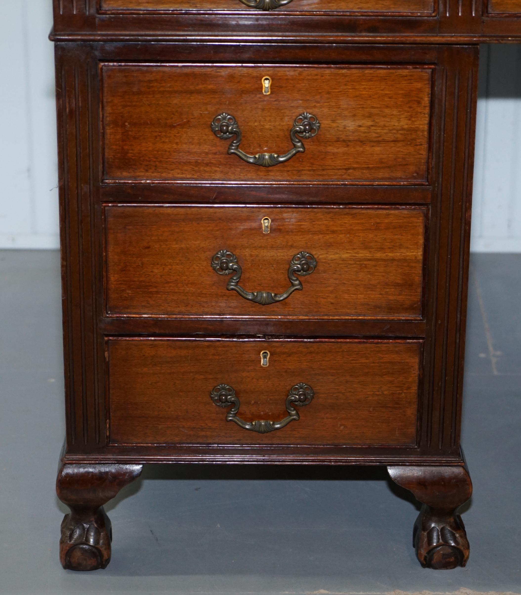 Vintage Panelled Mahogany Twin Pedestal Partner Desk Claw & Ball Legs Leather 2