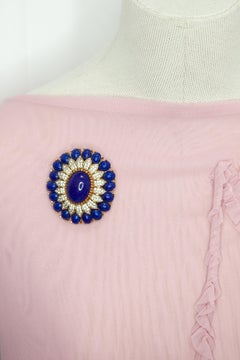 Vintage By Panetta con cabochon blu e pavé di pietre, spilla floreale a raggiera in tonalità oro