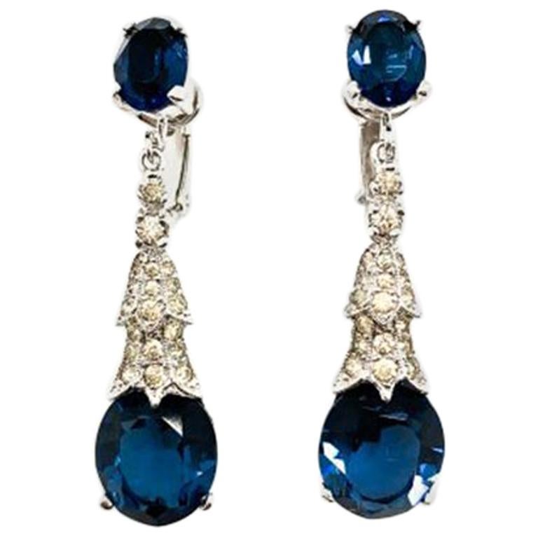 Vintage Panetta Art Deco Style Earrings Faux Sapphire & Diamond Drops 1960s