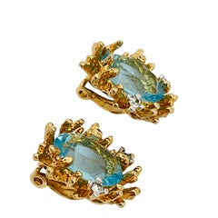 Vintage PANETTA gold blue glass designer clip on earrings