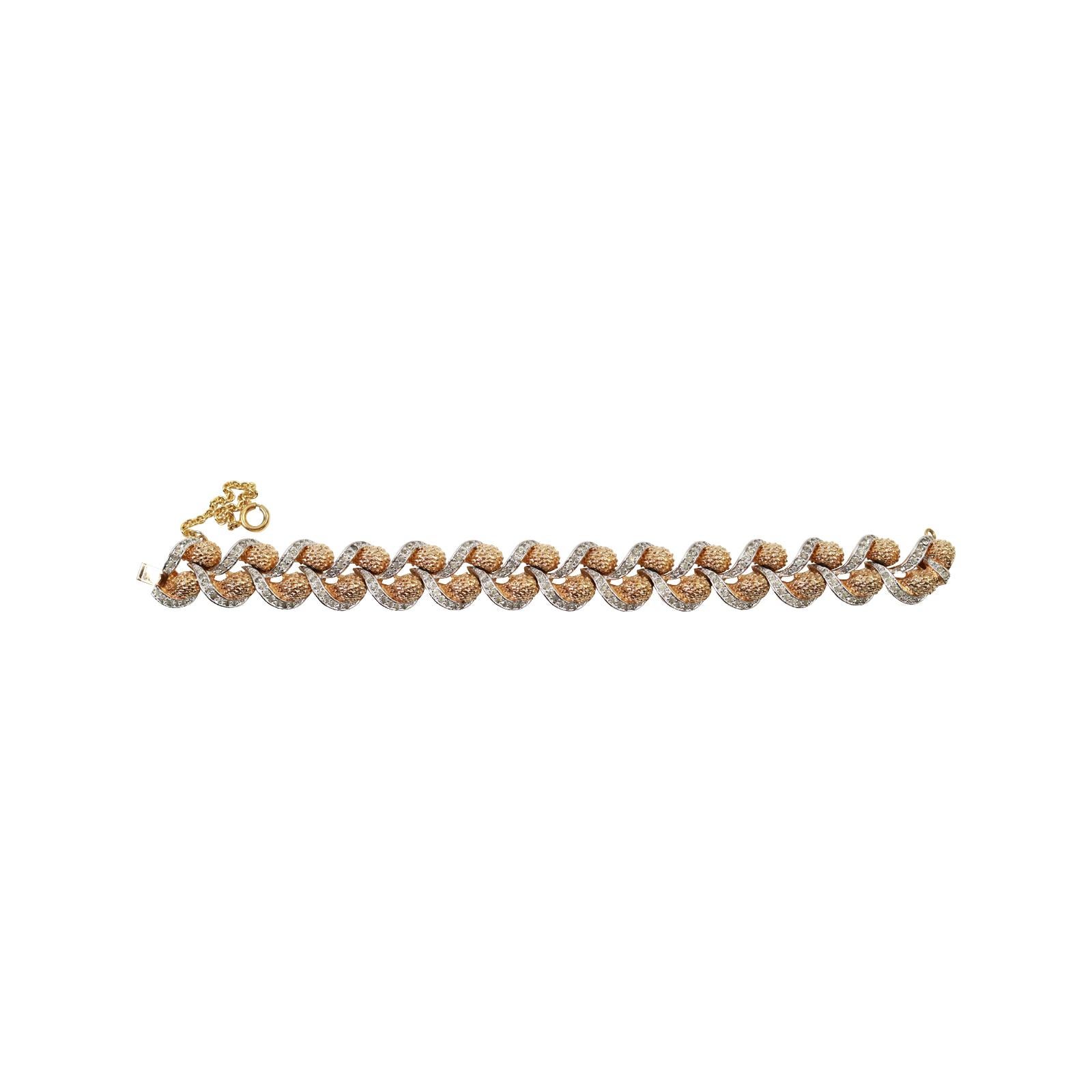 Women's Vintage Panetta Gold Braided Bracelet with Clear Pave Stones Circa 1960s For Sale