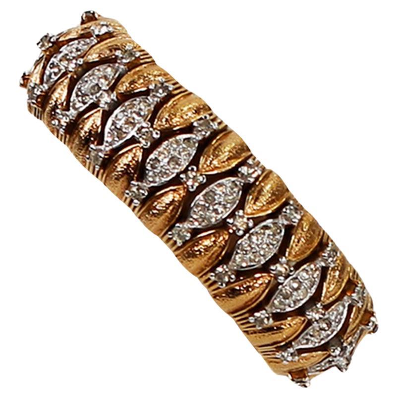 Vintage Panetta Gold Heavy Bracelet with Clear Pave Stones Circa 1960s