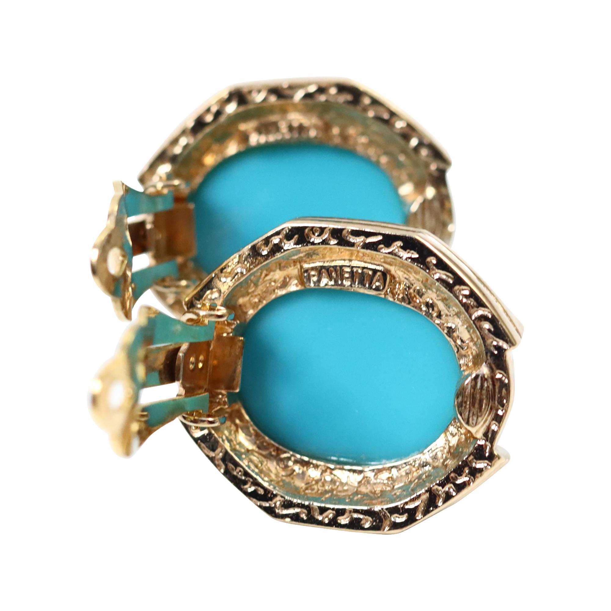 Vintage Panetta Gold Tone Diamante Faux Turquoise Earrings, Circa 1980s For Sale 4