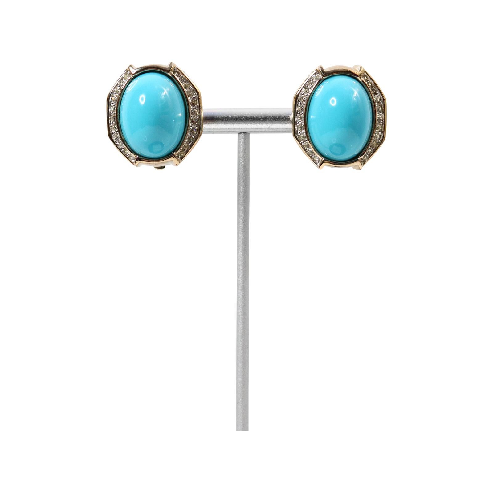 Modern Vintage Panetta Gold Tone Diamante Faux Turquoise Earrings, Circa 1980s For Sale