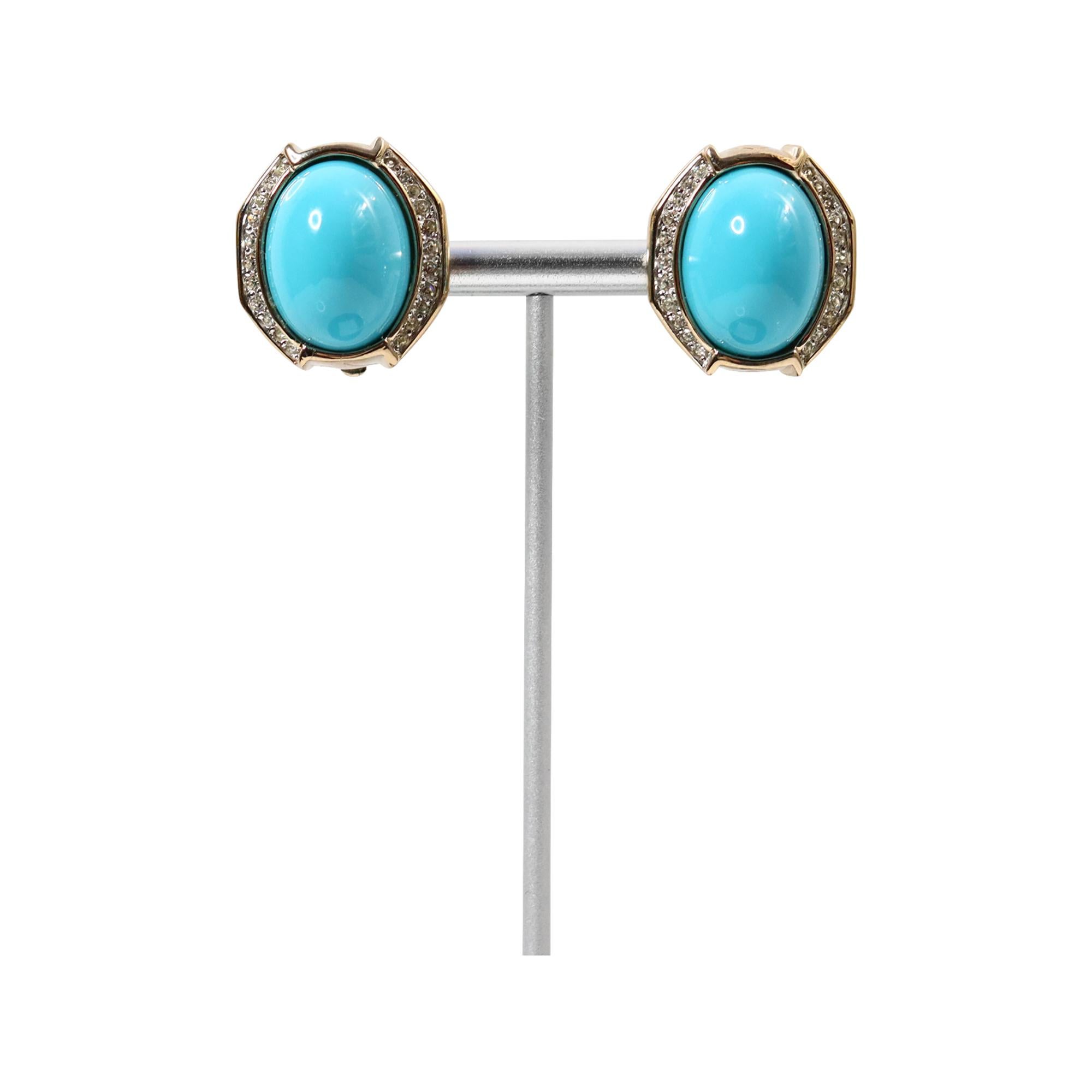 Women's or Men's Vintage Panetta Gold Tone Diamante Faux Turquoise Earrings, Circa 1980s For Sale