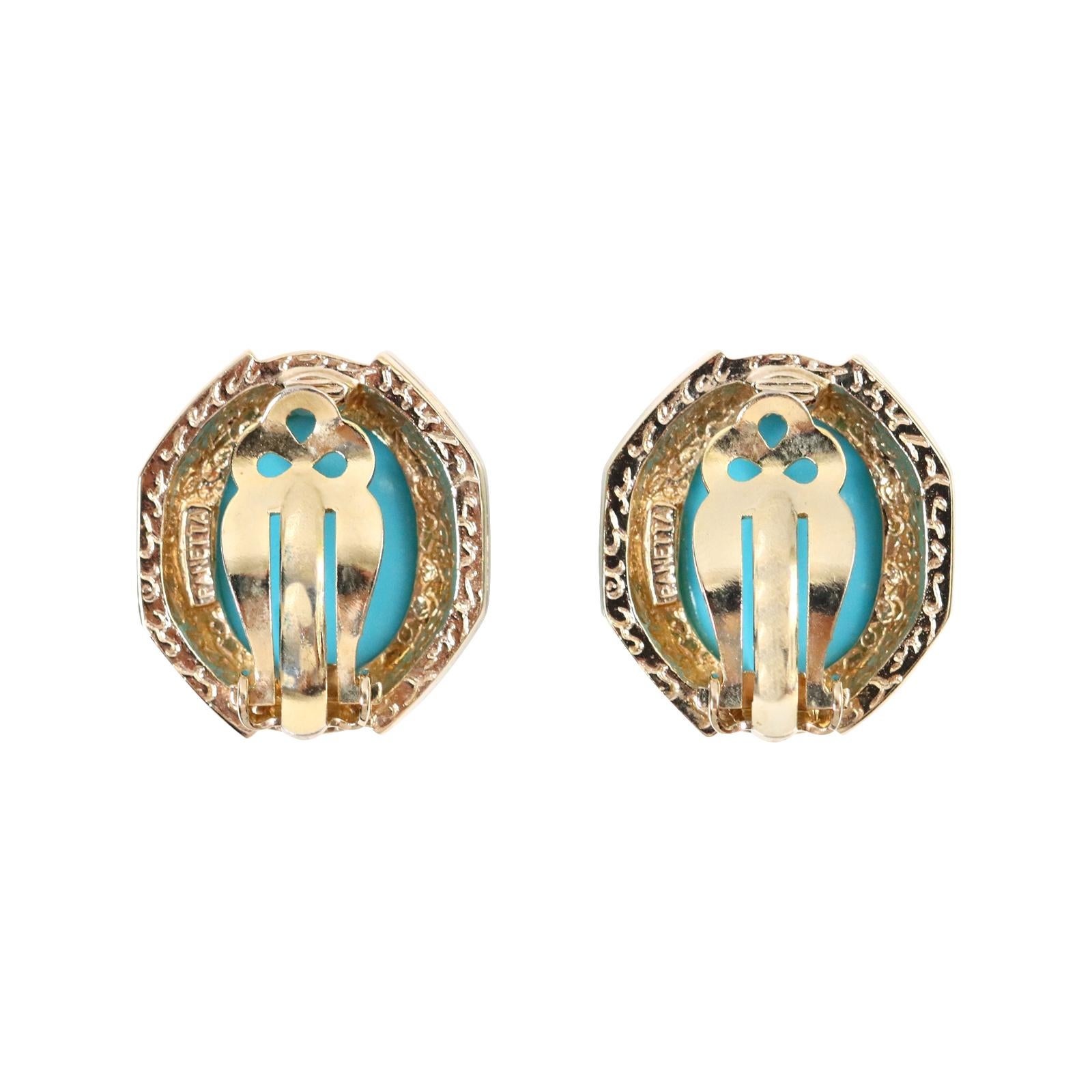 Vintage Panetta Gold Tone Diamante Faux Turquoise Earrings, Circa 1980s For Sale 1