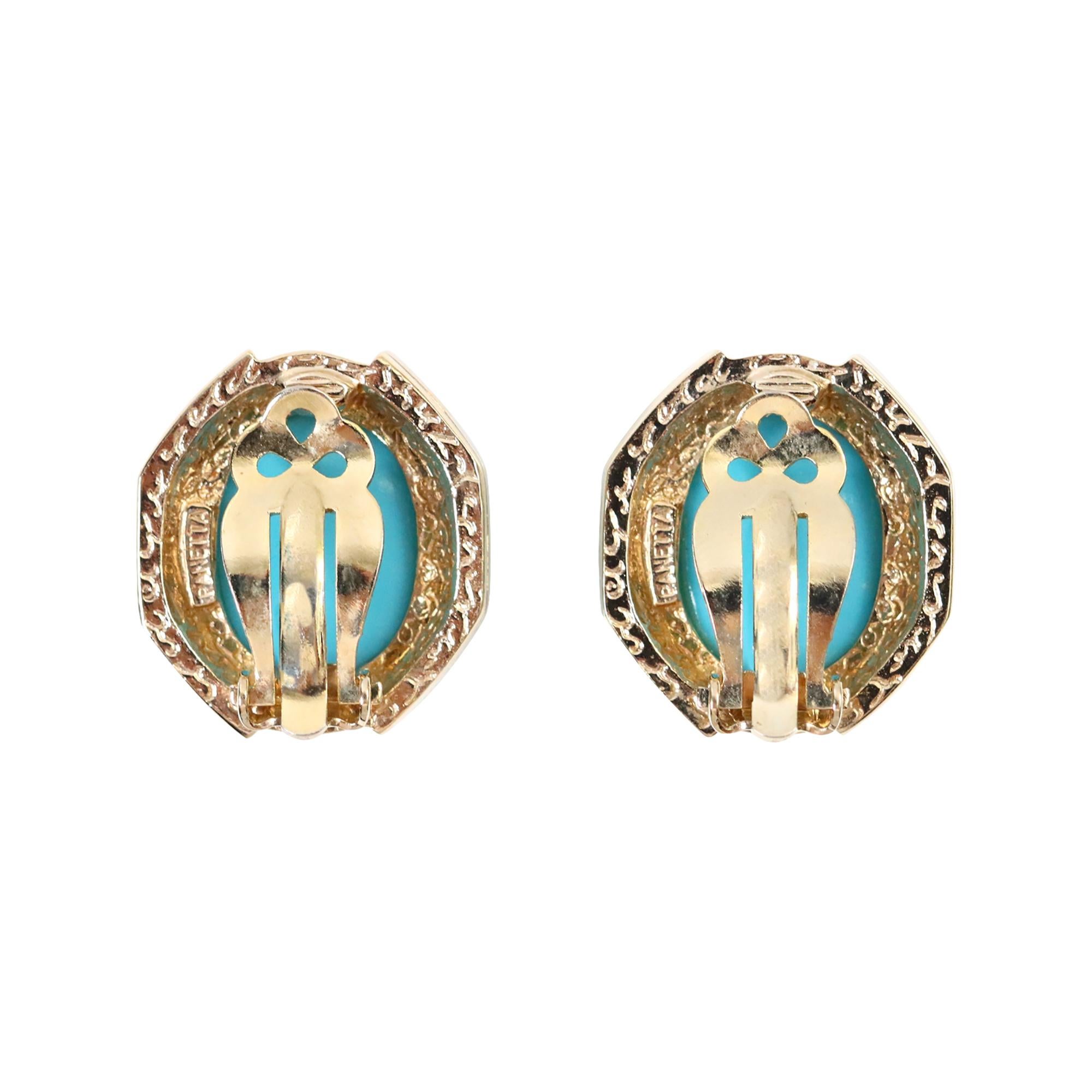Vintage Panetta Gold Tone Diamante Faux Turquoise Earrings, Circa 1980s For Sale 3