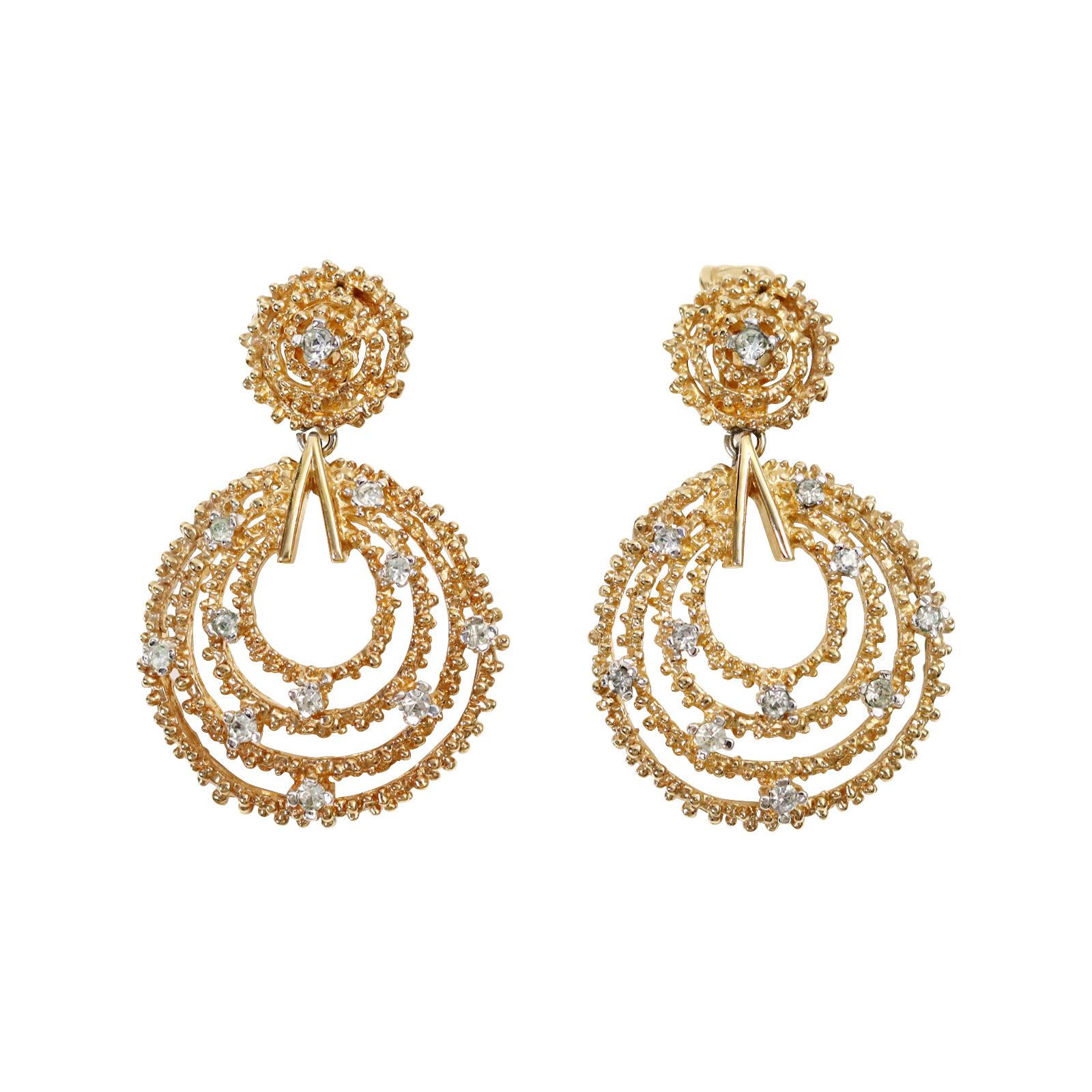 Vintage Panetta Gold Tone Diamante Hoop Earrings Circa 1960s. These small and delicate earrings have the look of fine the way they present.  They are shown in gold metal with diamante placed on the the metal of the hoops. They are enough to show but