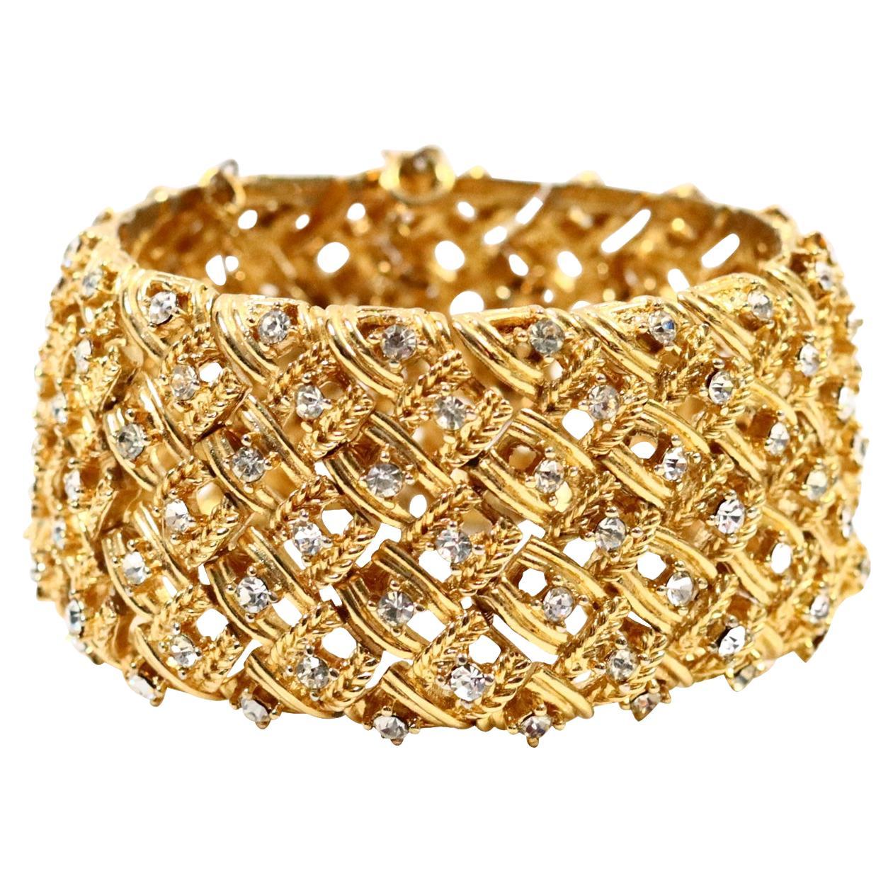 Breites Vintage-Armband Panetta in Goldtönen mit runden Steinen, ca. 1960er Jahre